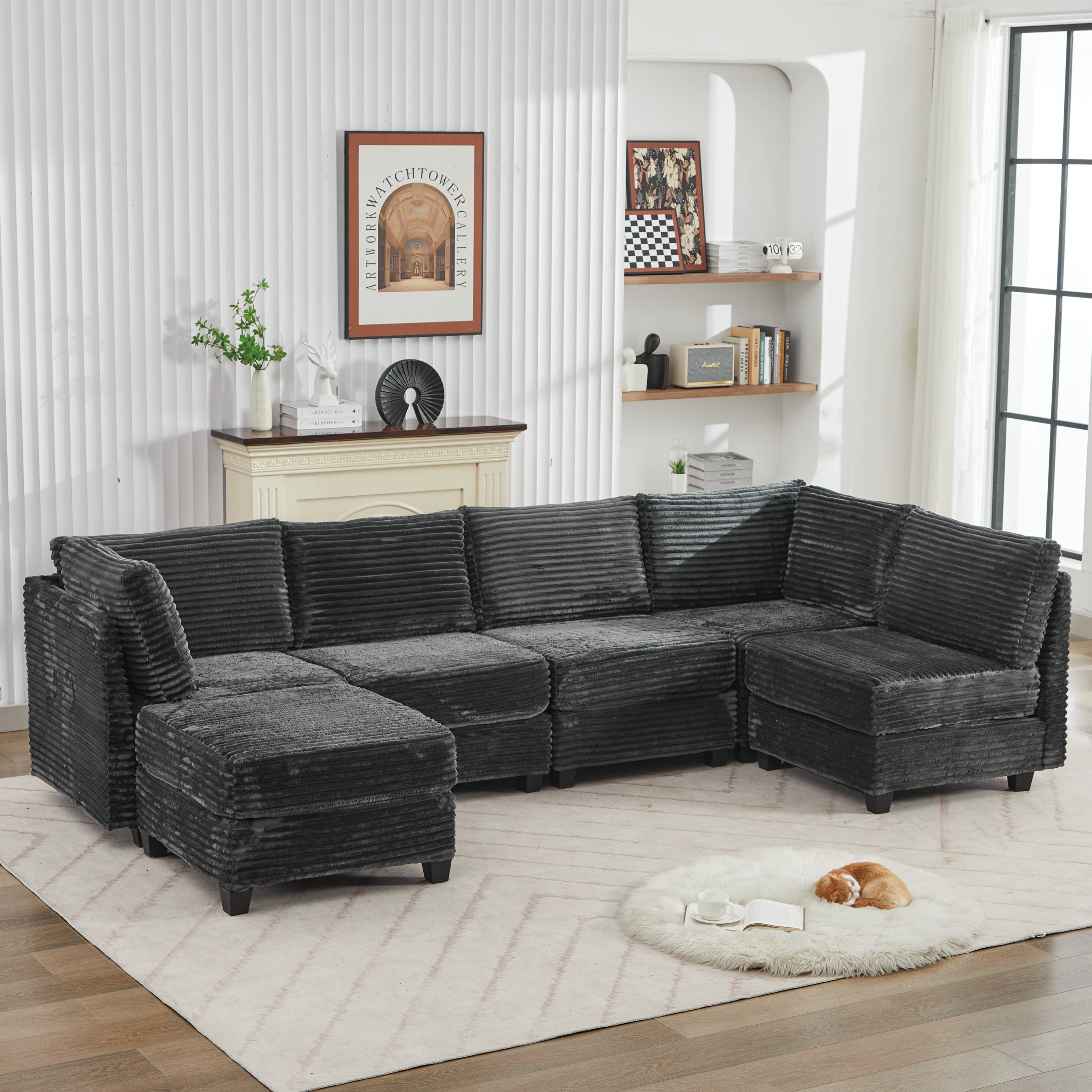 Corduroy U Shaped Sectional Sofa with Storage & Ottoman