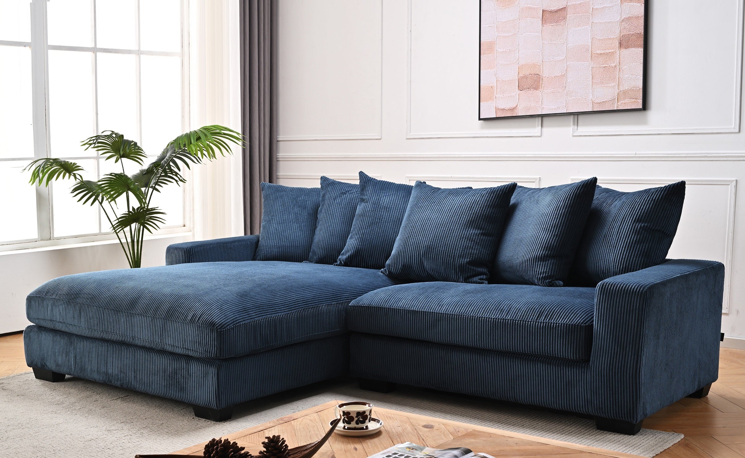 Luxe Blue Corduroy L-Shaped Sectional Sofa with Chaise