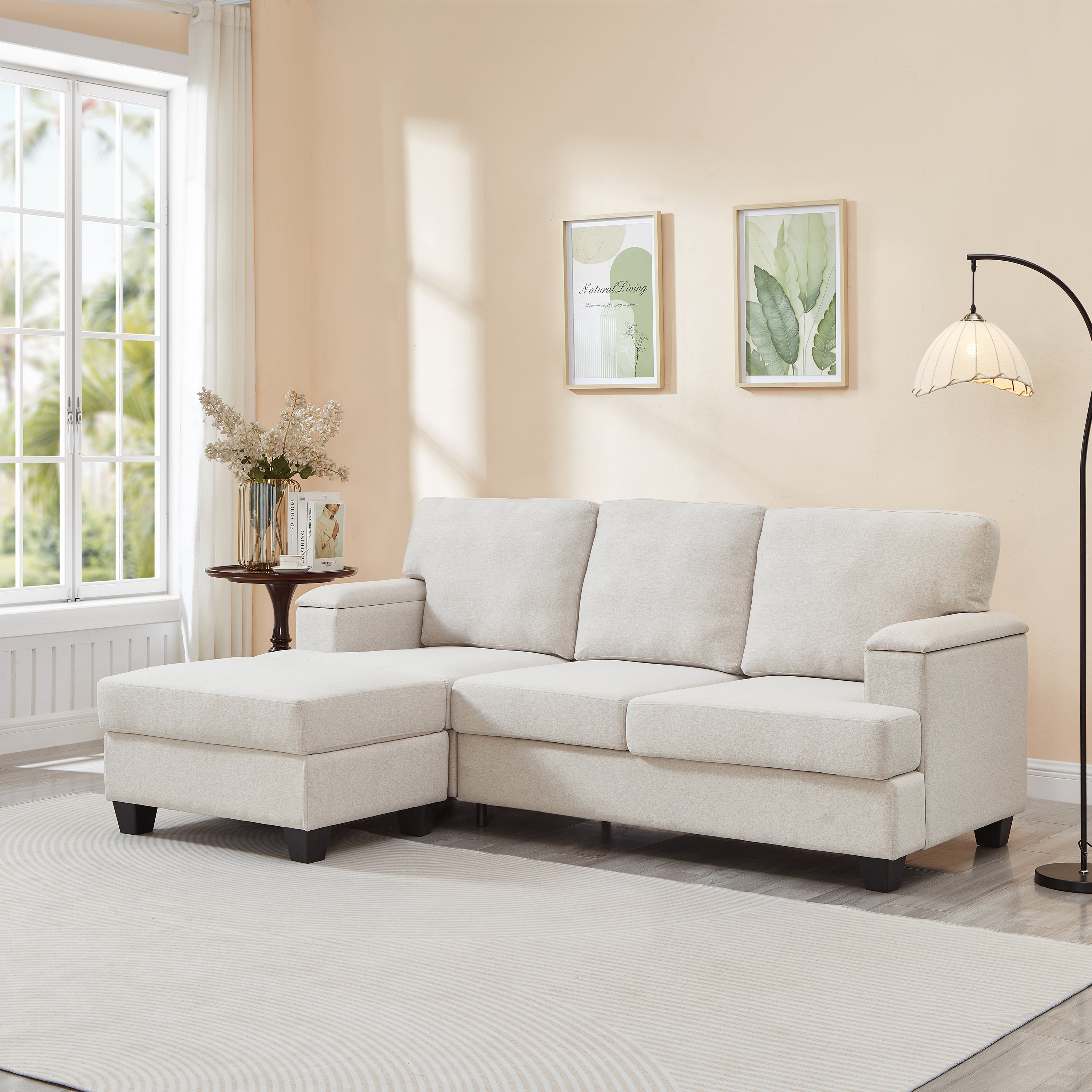 86" Beige L-Shaped Sectional Sofa with Ottoman & Organizer