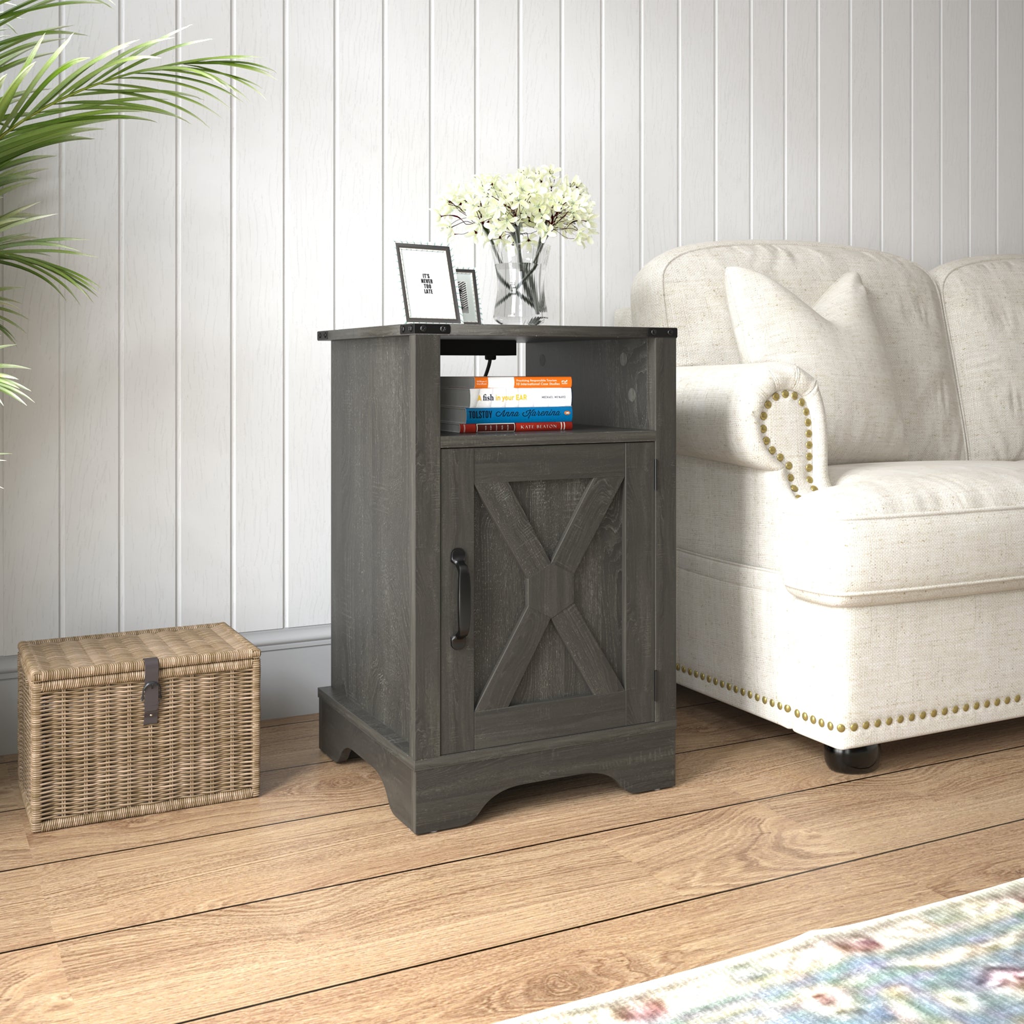 Farmhouse Nightstand Side Table Rustic End Table w/ Charging Station - Dark Gray