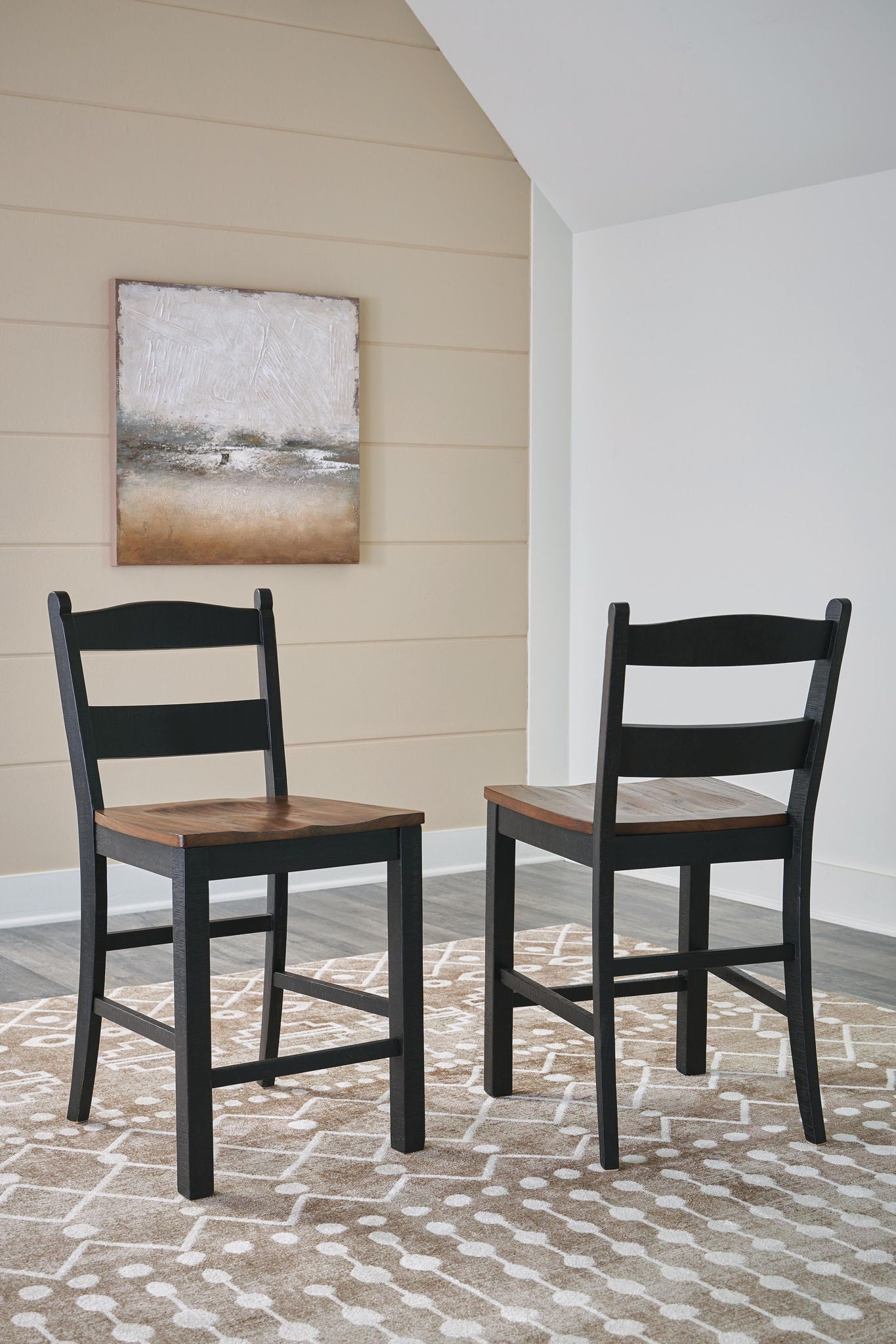 Set of 2 black barstools with ladder-back design and brown square wooden seats