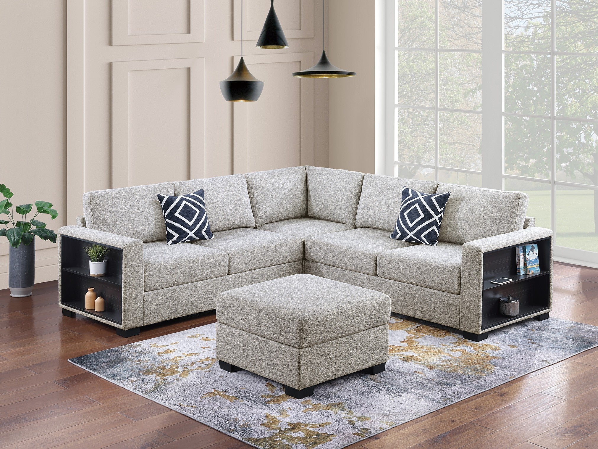 Beige Boucle L-Shaped Sectional Sofa w/ Shelves & Ottoman