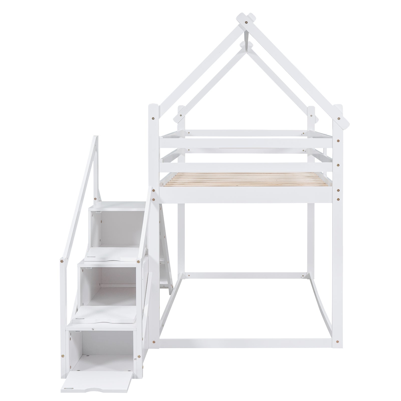 Twin Over Twin House Bunk Bed with Slide, Staircase, White