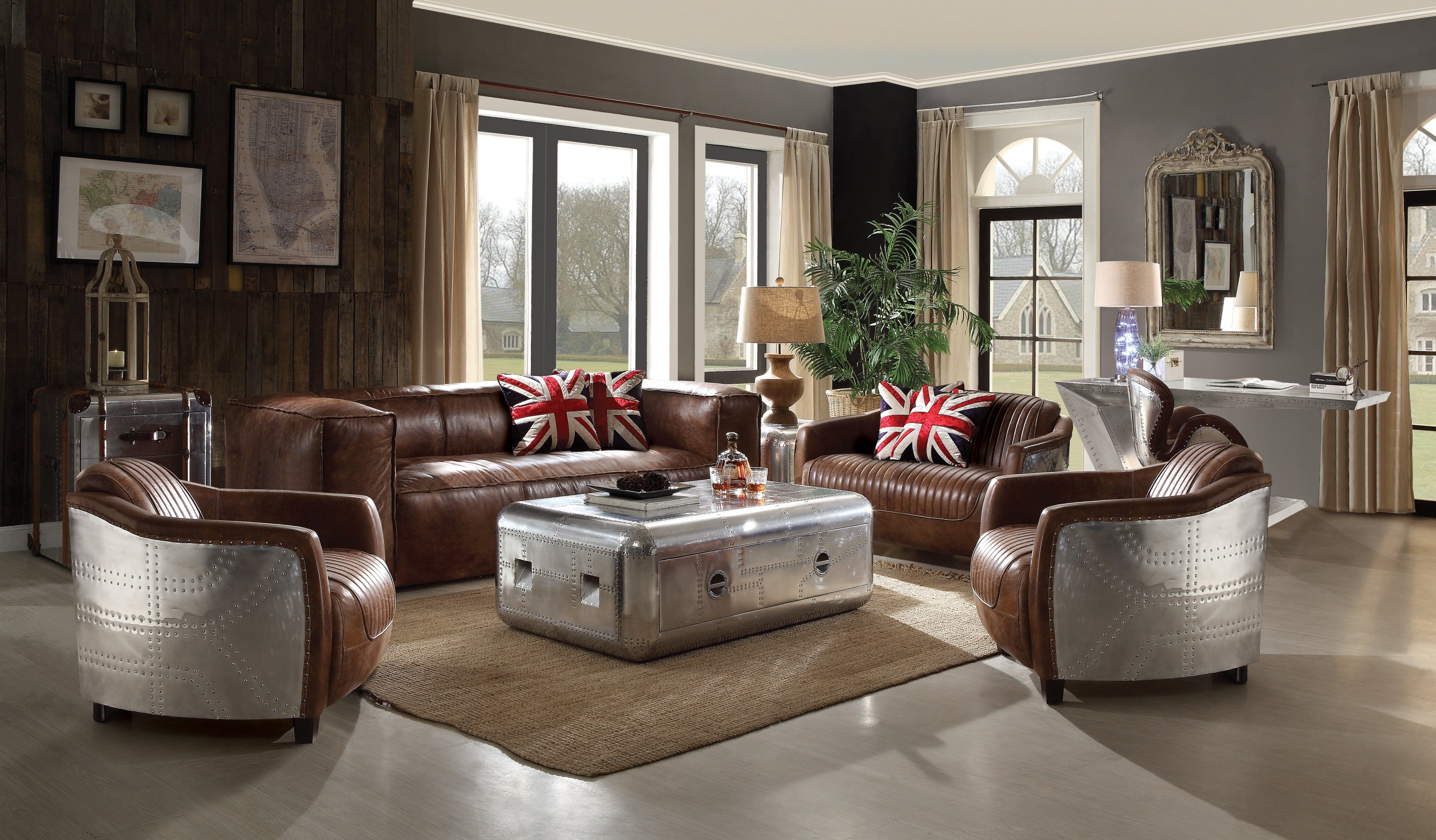 Brancaster Retro Brown Top Grain Leather Aluminum Living Room Set