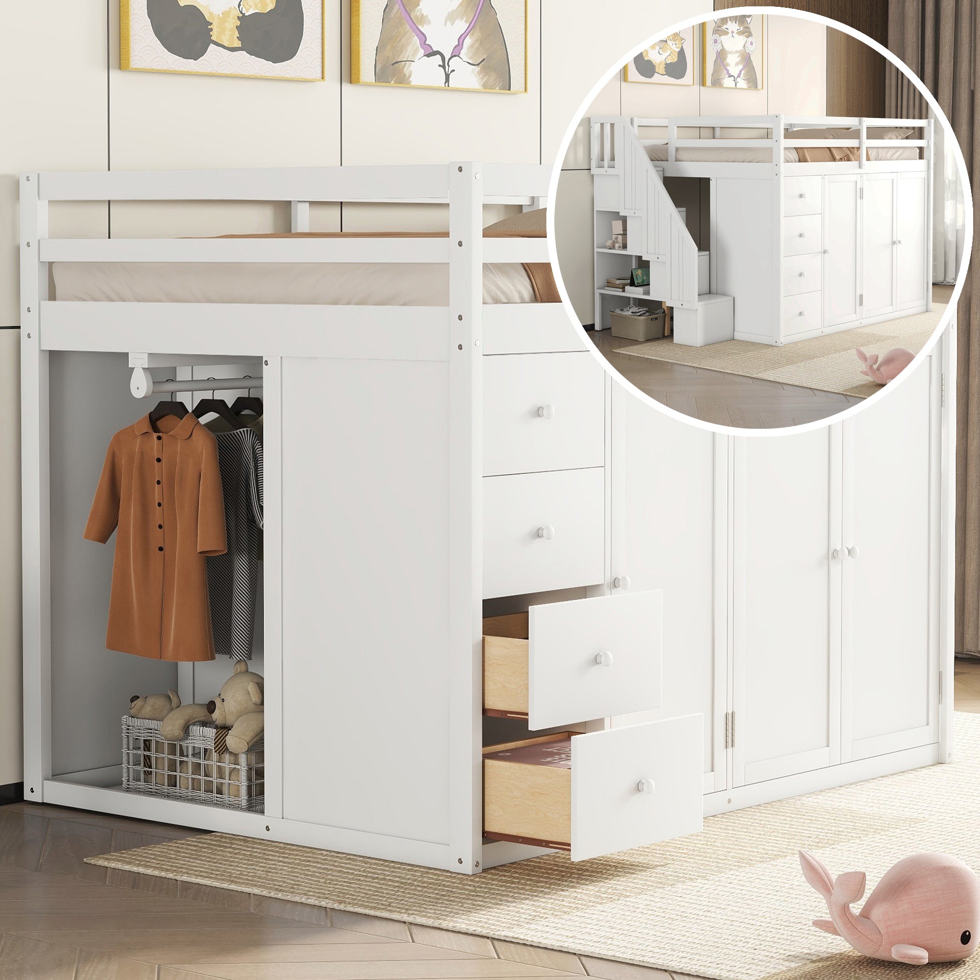White Full Size Wood Loft Bed: Wardrobes, Cabinets & Drawers Built-in