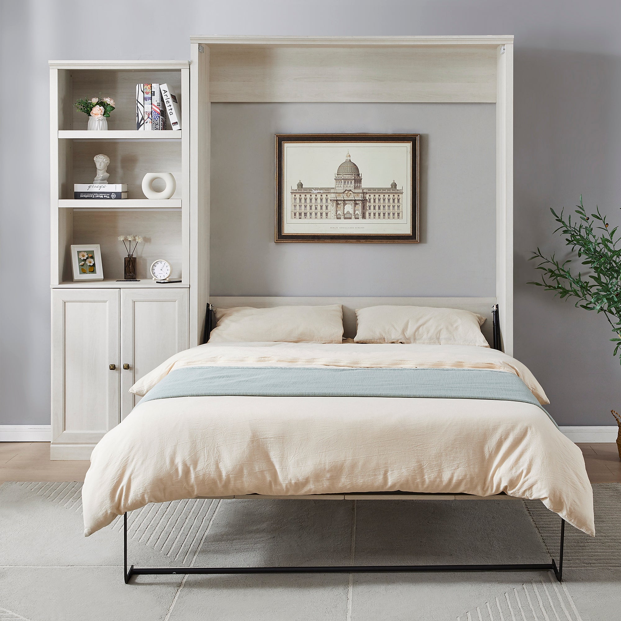 Queen Murphy Bed w/Side Storage Cabinet - Space-Saving Rustic White