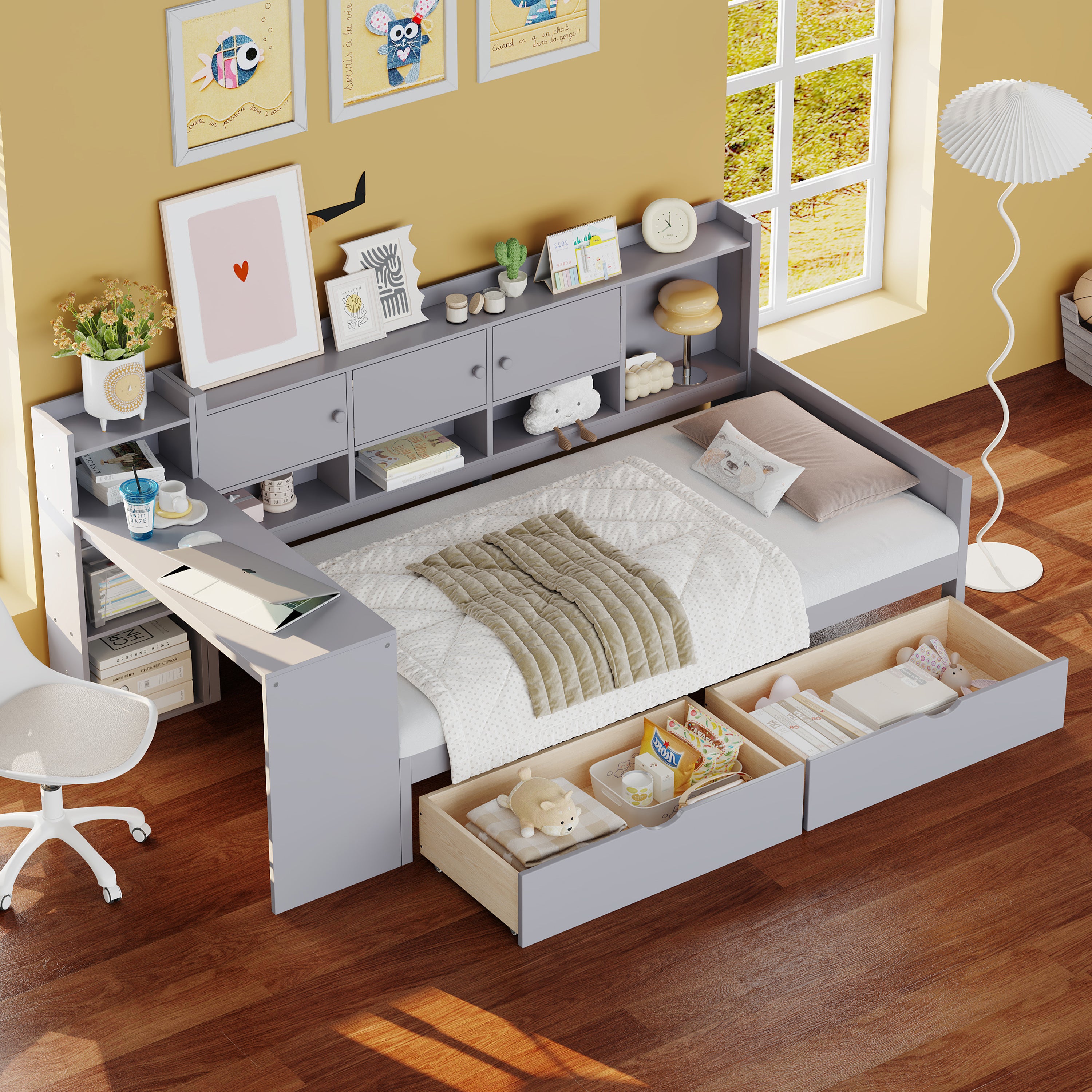 Twin Daybed with Storage: L-Shape Frame, Desk, Bookshelf (Gray)