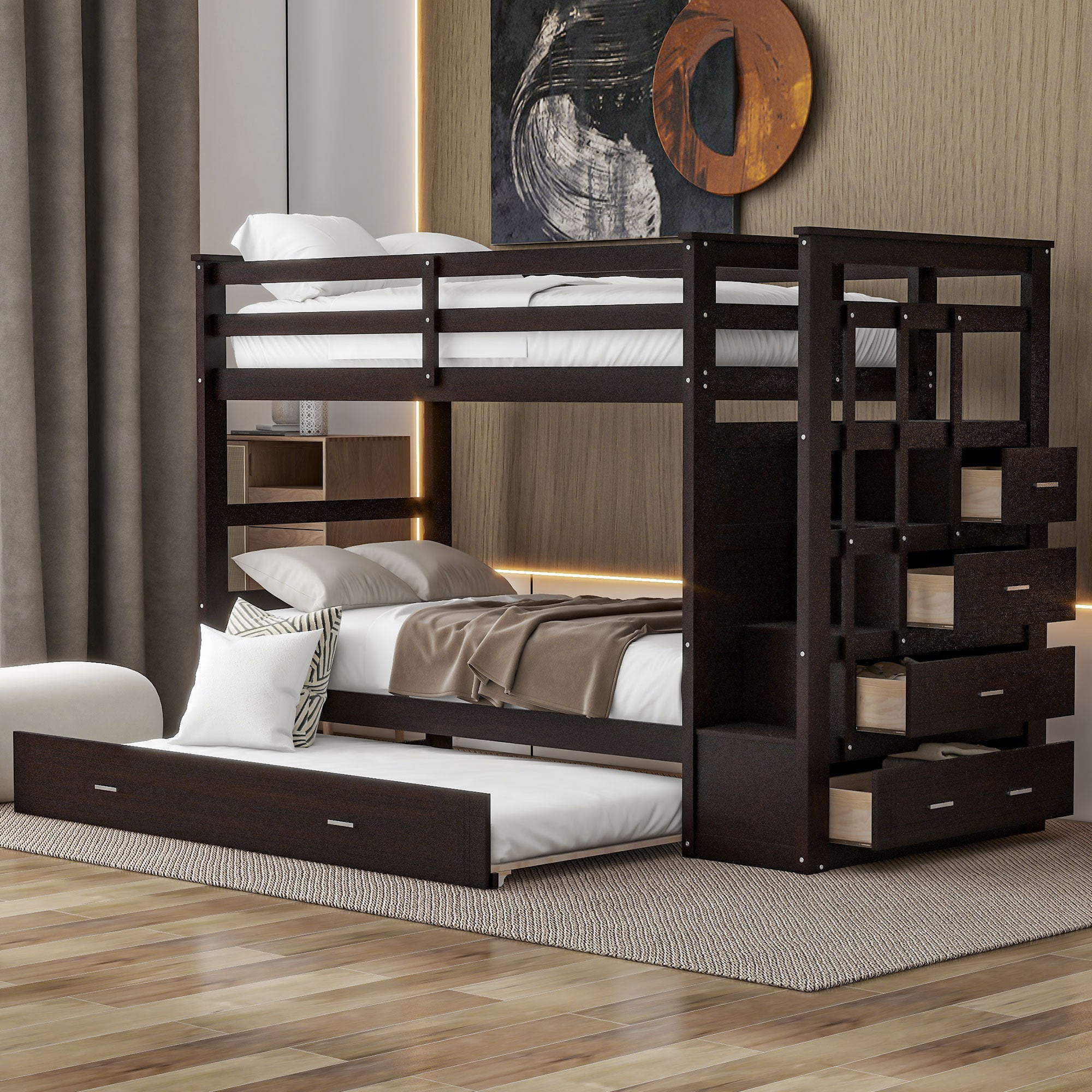 Espresso Twin Over Twin Bunk Bed with Trundle & Staircase