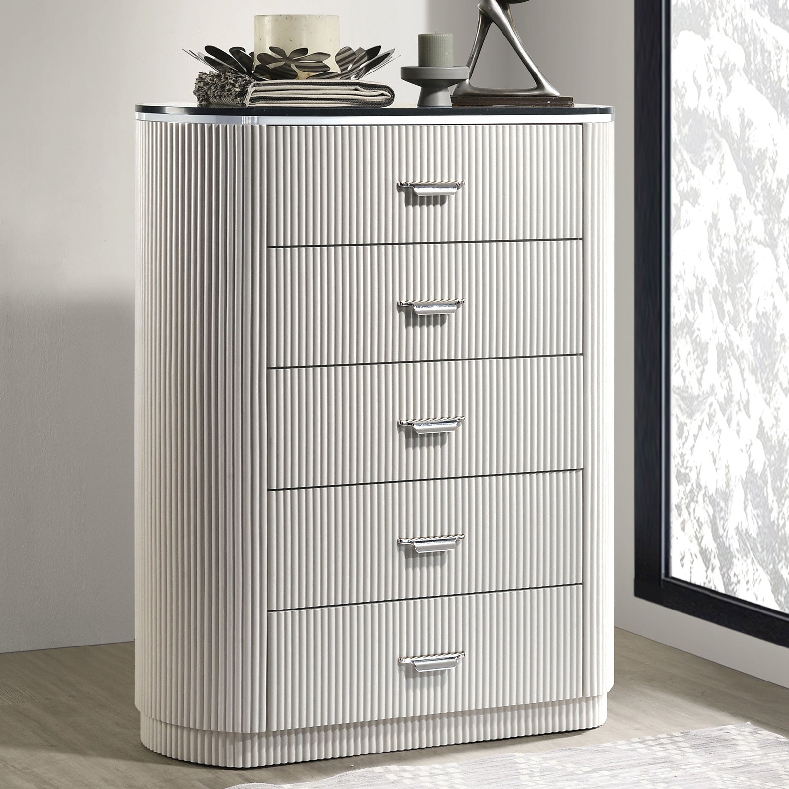 Modern Contemporary Gray Chest w/ Stone Top & Chrome Handles