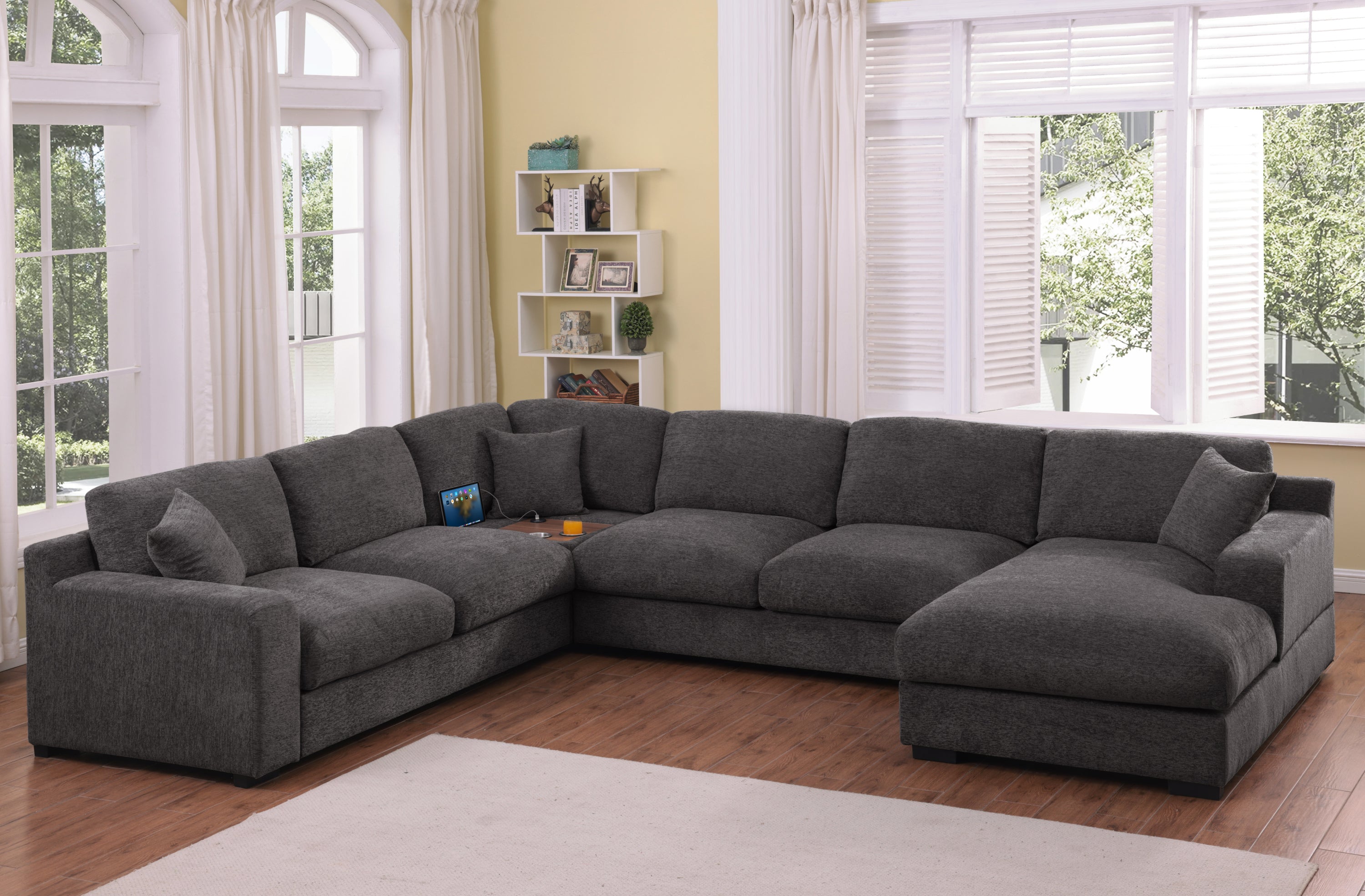 Celine Gray Chenille Sectional Sofa | Chaise, Cupholders, USB