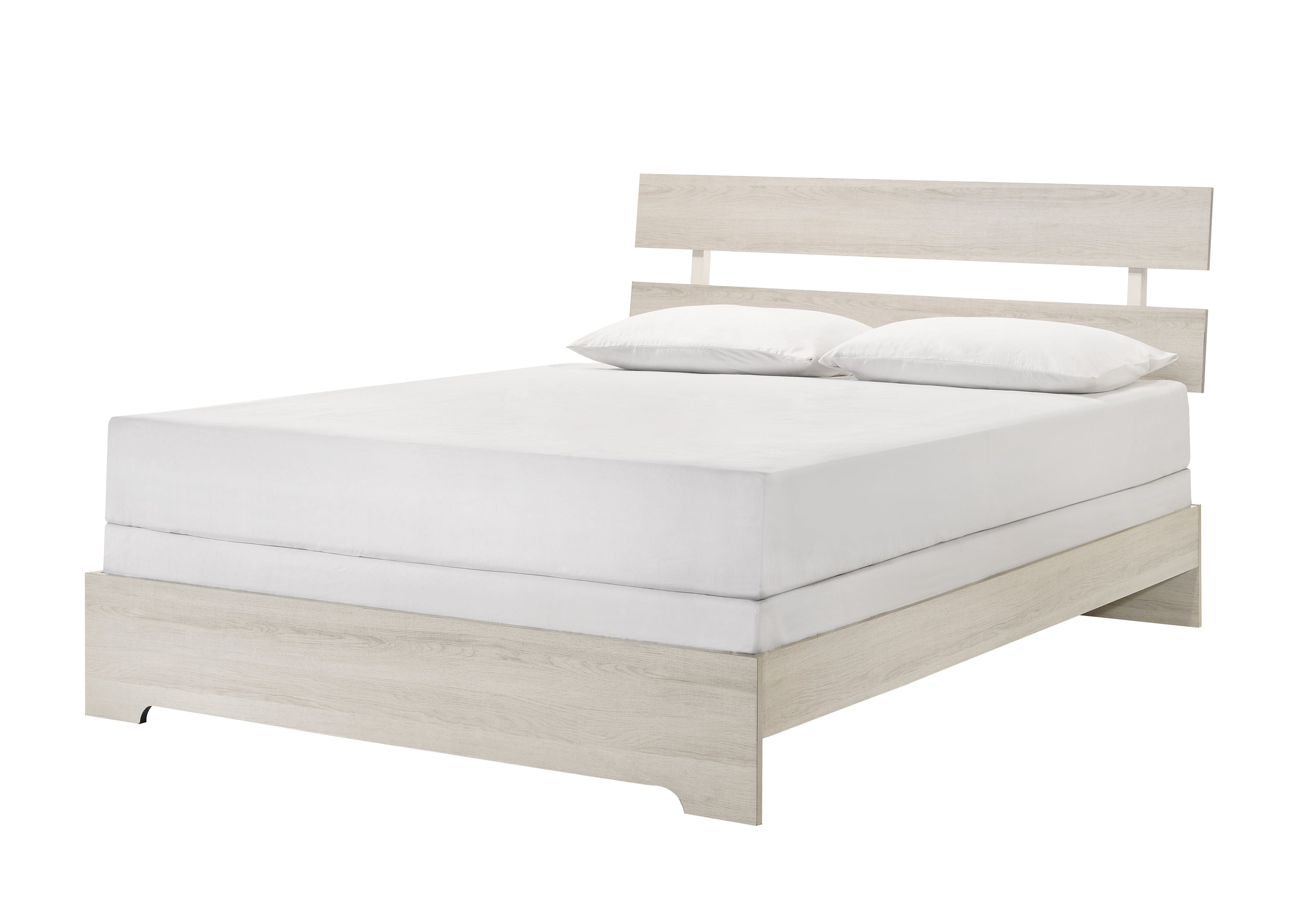 Rustic White Wash Full Platform Bed Frame with Slat Headboard