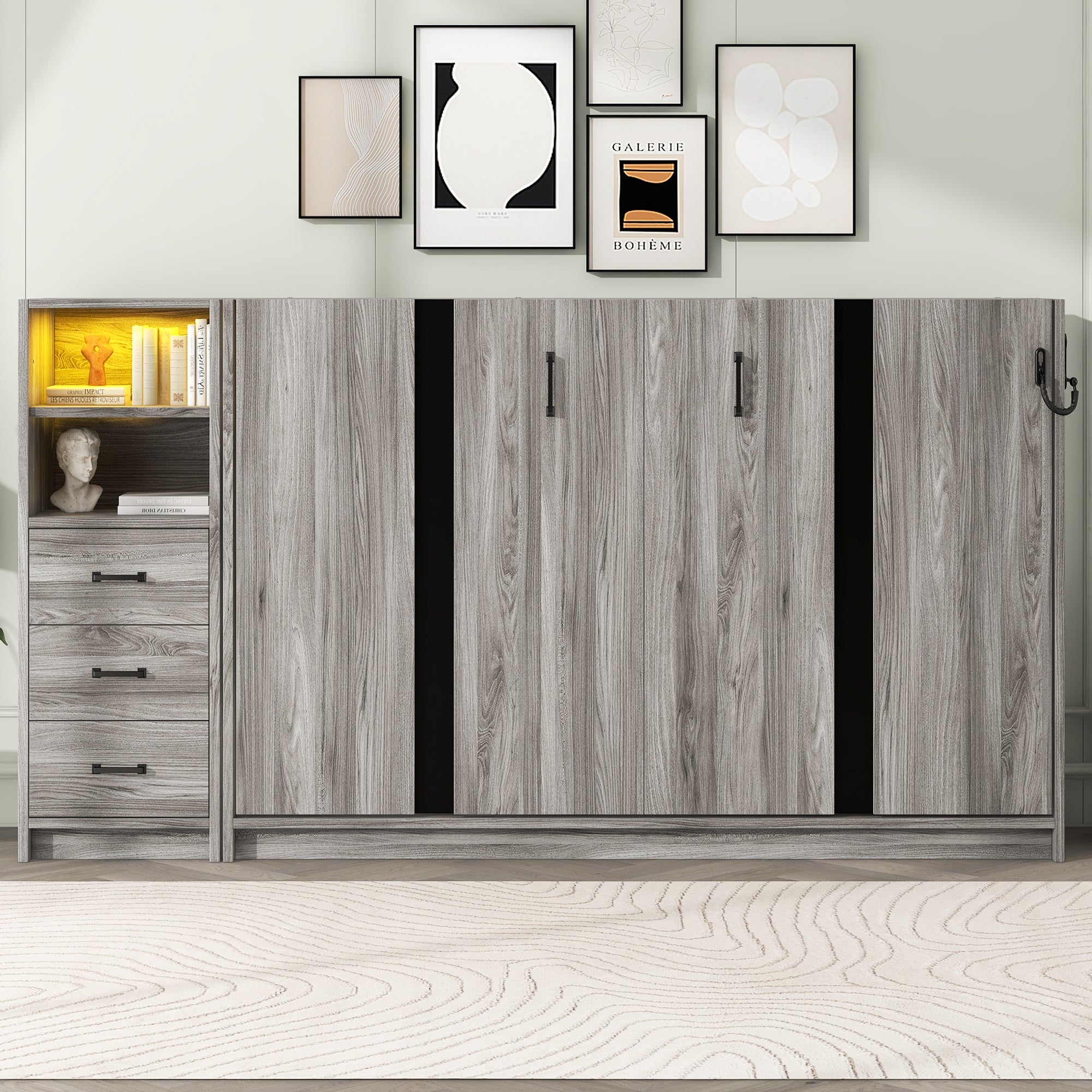Space-Saving Twin Murphy Bed: Drawers, LED, Foldable Cabinet - Gray