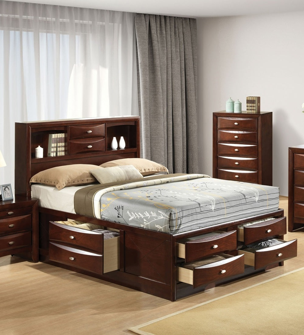 Contemporary King Bed: Footboard Drawers, Bookcase Headboard, Cherry