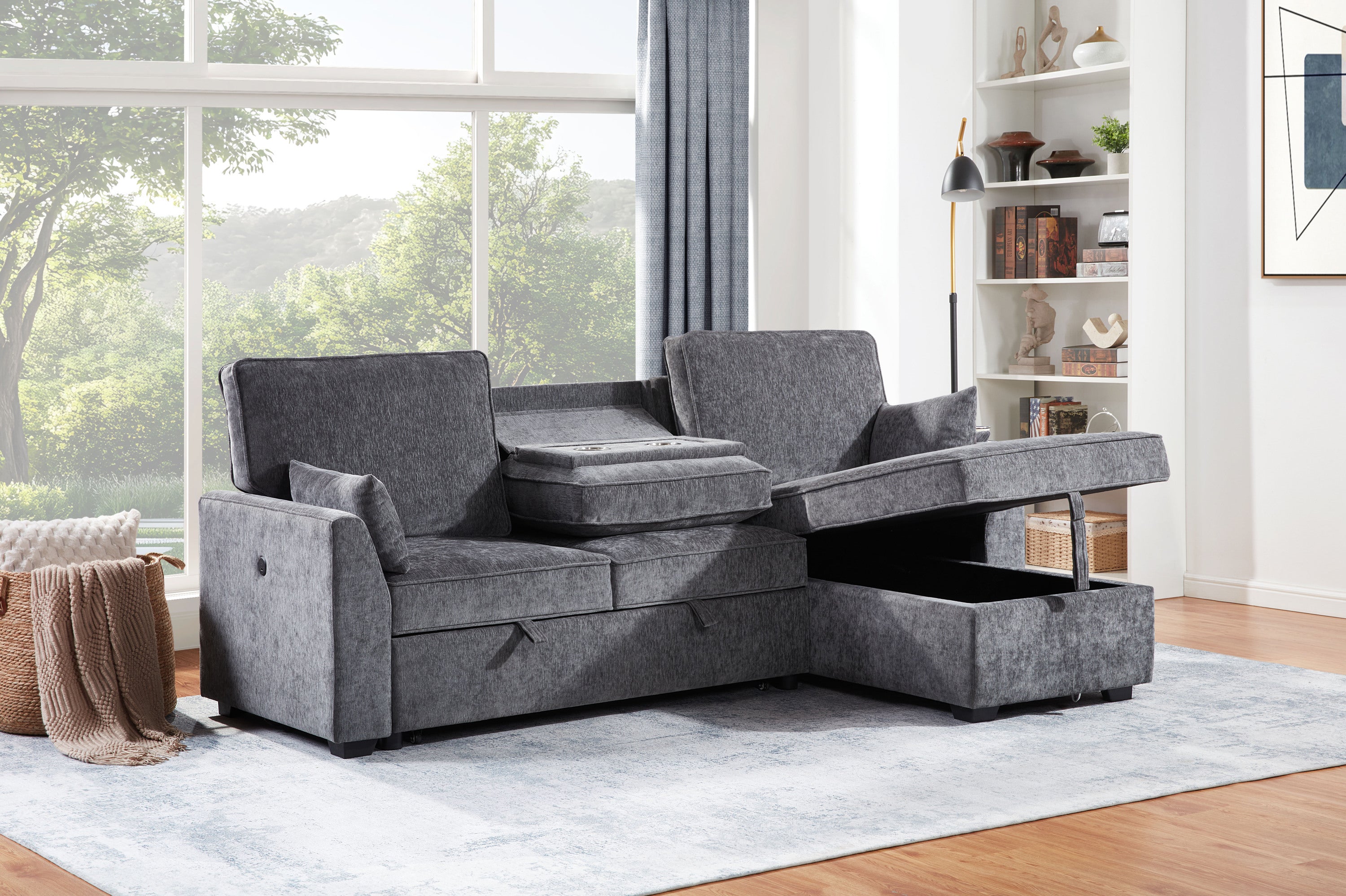 Emmy Dark Gray Fabric Sleeper Sectional Sofa: Storage & USB