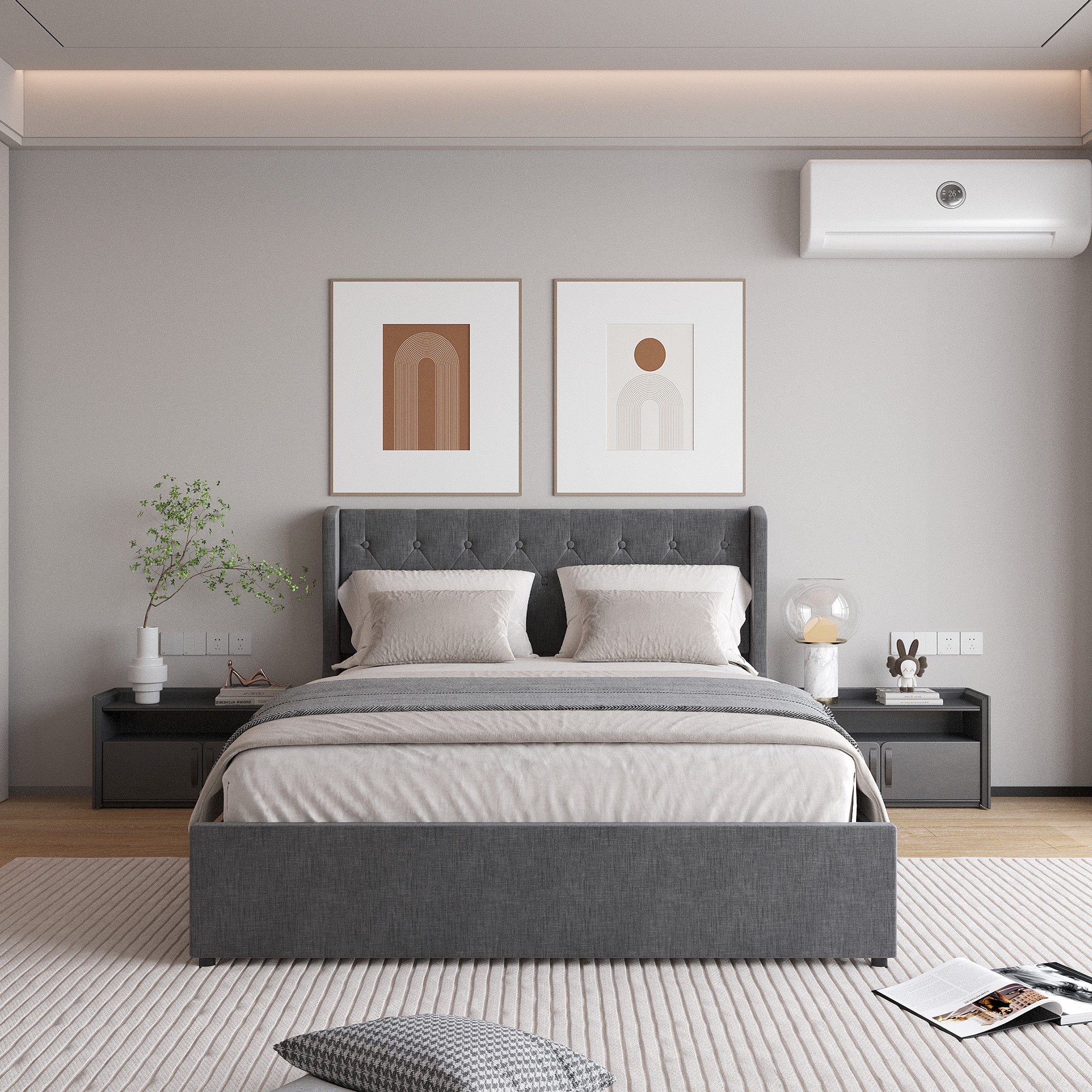 Queen Bed Frame with Storage Drawers & Wingback Headboard Dark Grey