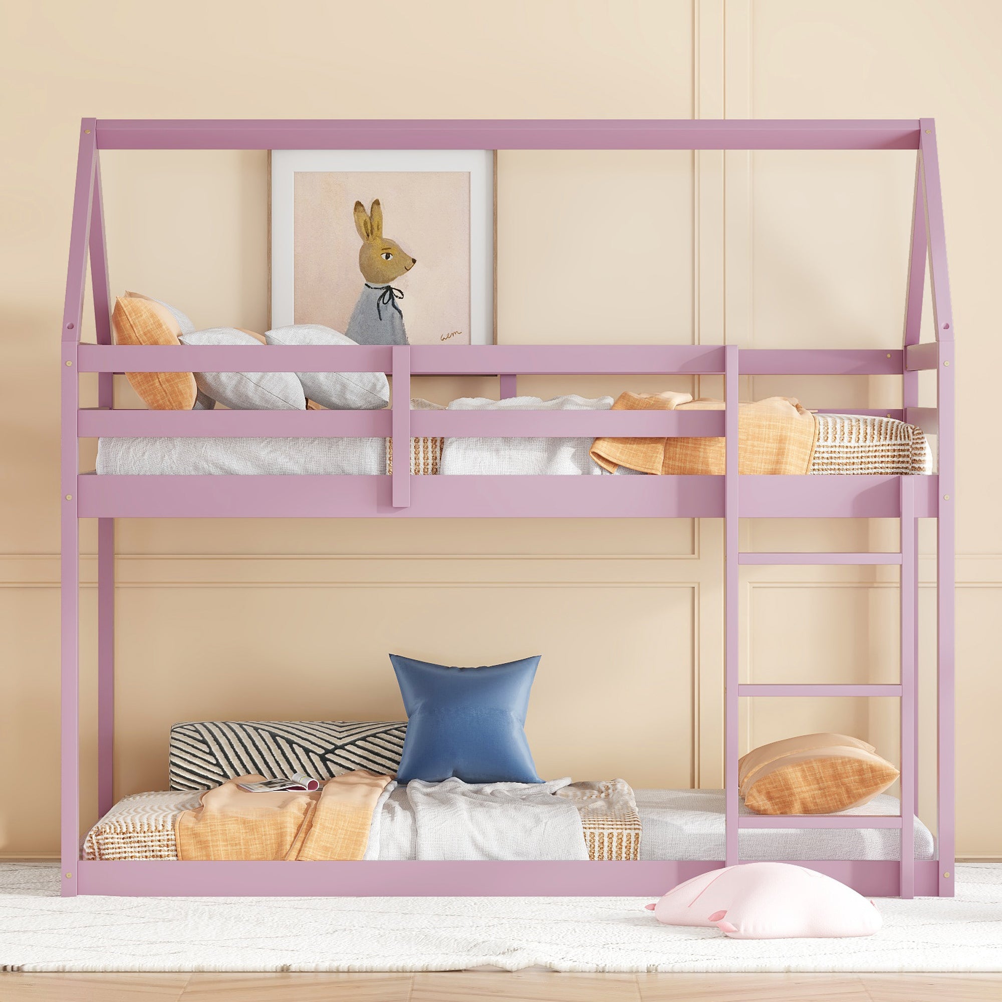 Pink House Twin over Twin Rubber Wood Floor Bunk Bed w/Ladder & Guardrails