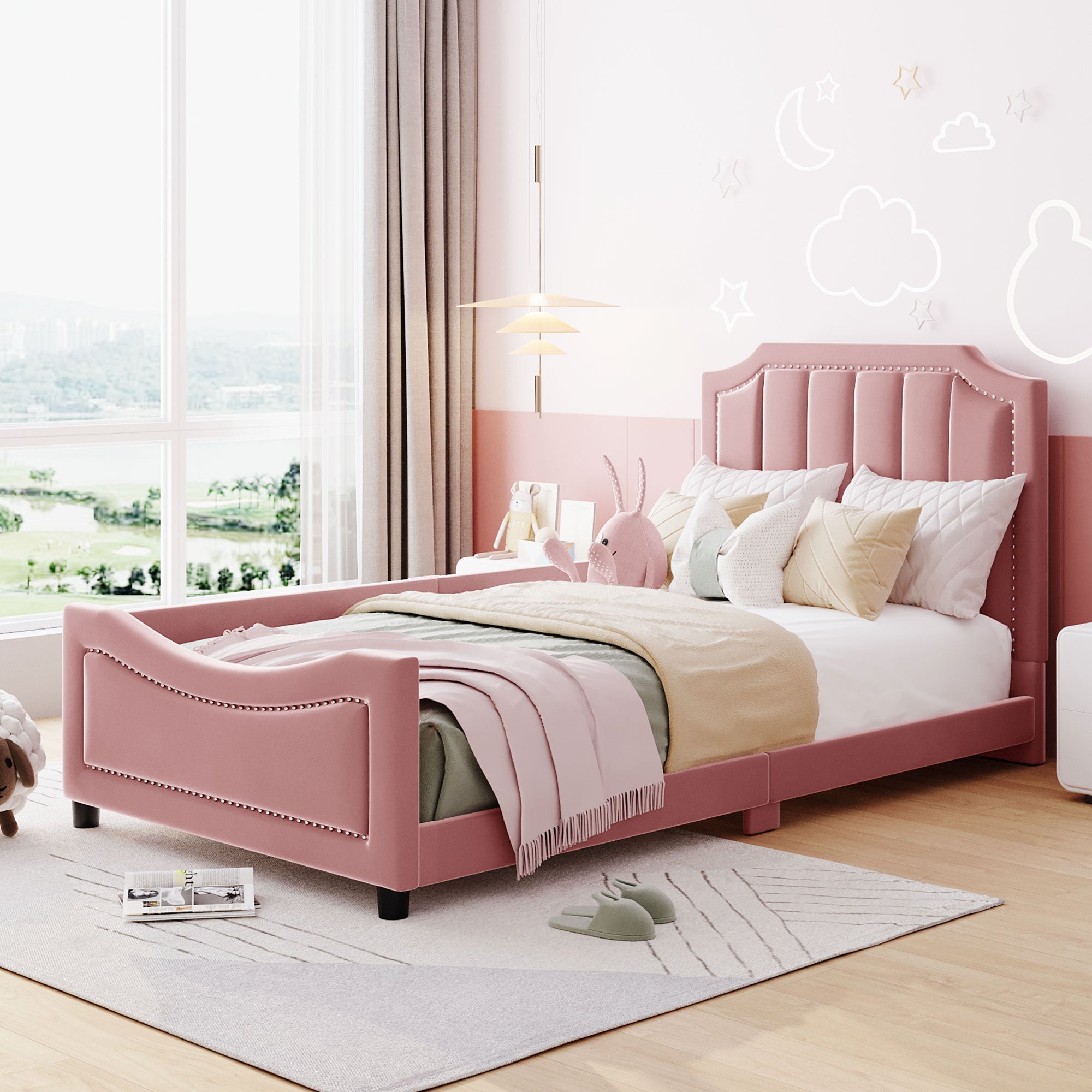 Pink Twin Upholstered Daybed with Classic Stripe Headboard