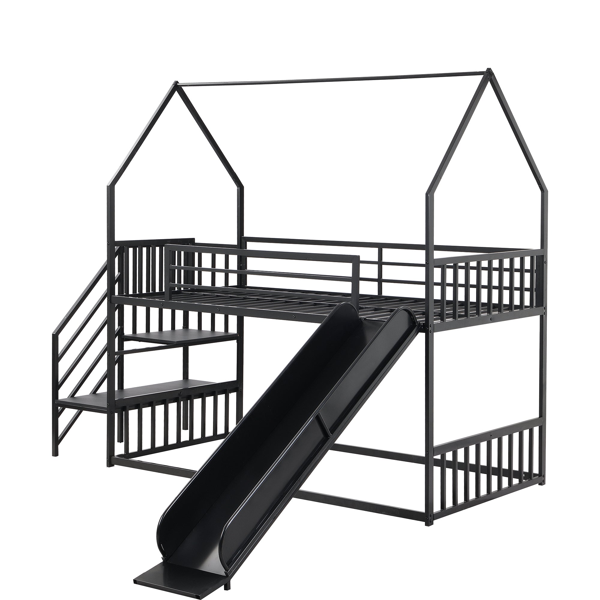 Black Twin Metal Bunk Bed with Slide & Staircase - Kids' Fun
