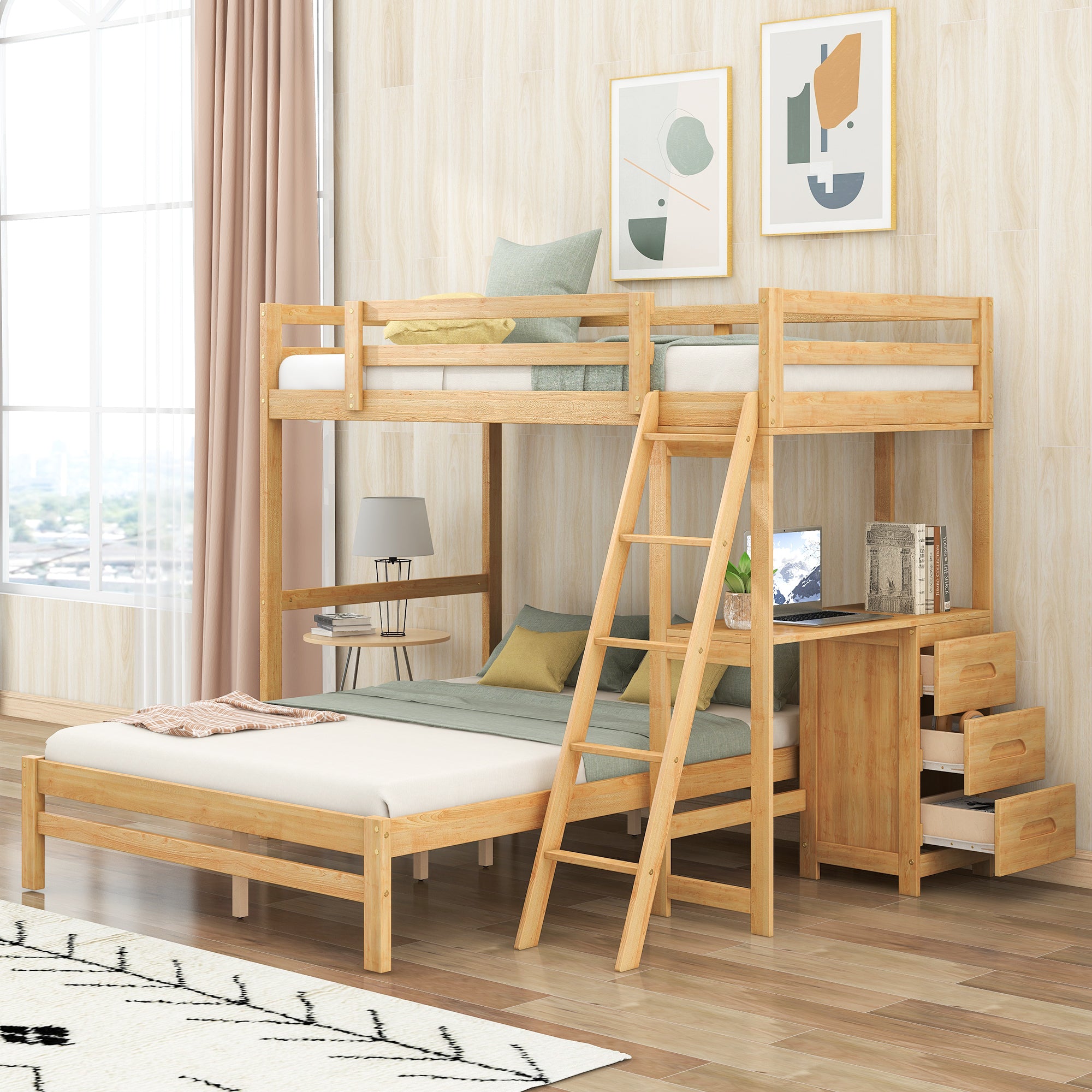 Natural Twin/Full Bunk Bed w/ Built-in Desk & 3 Drawers