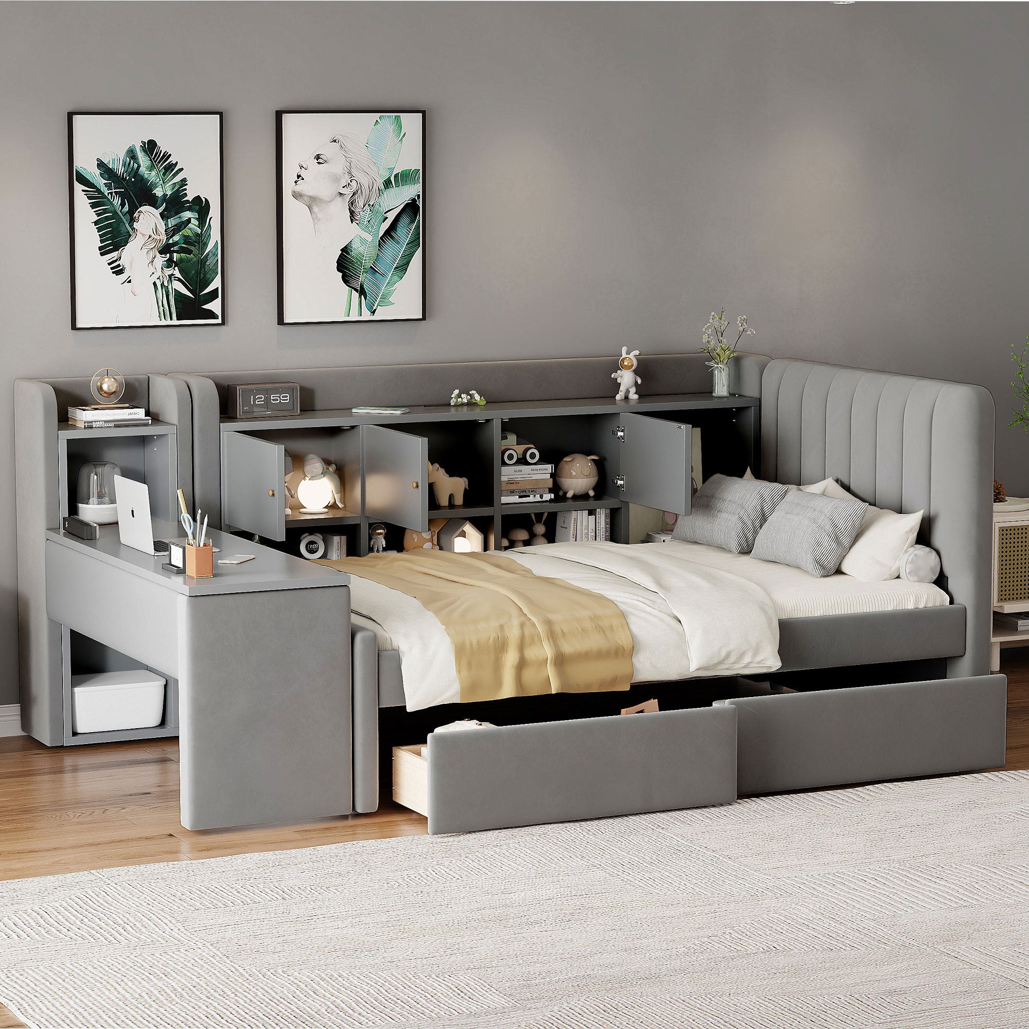 Twin Upholstered Daybed w/ Storage, Drawers, Shelves & Table (Gray)