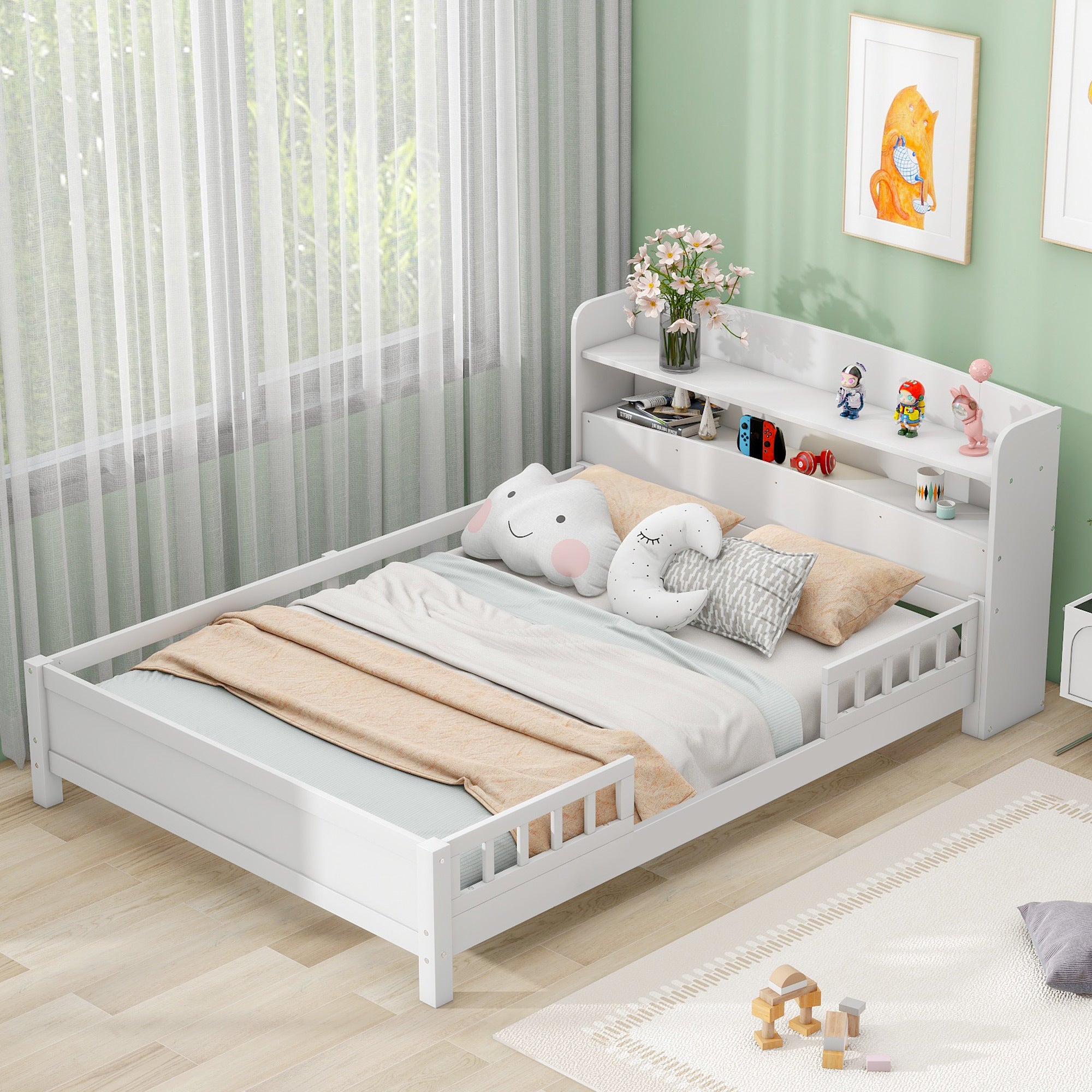 White Full Size Wood Platform Bed, LED Light & Storage Headboard