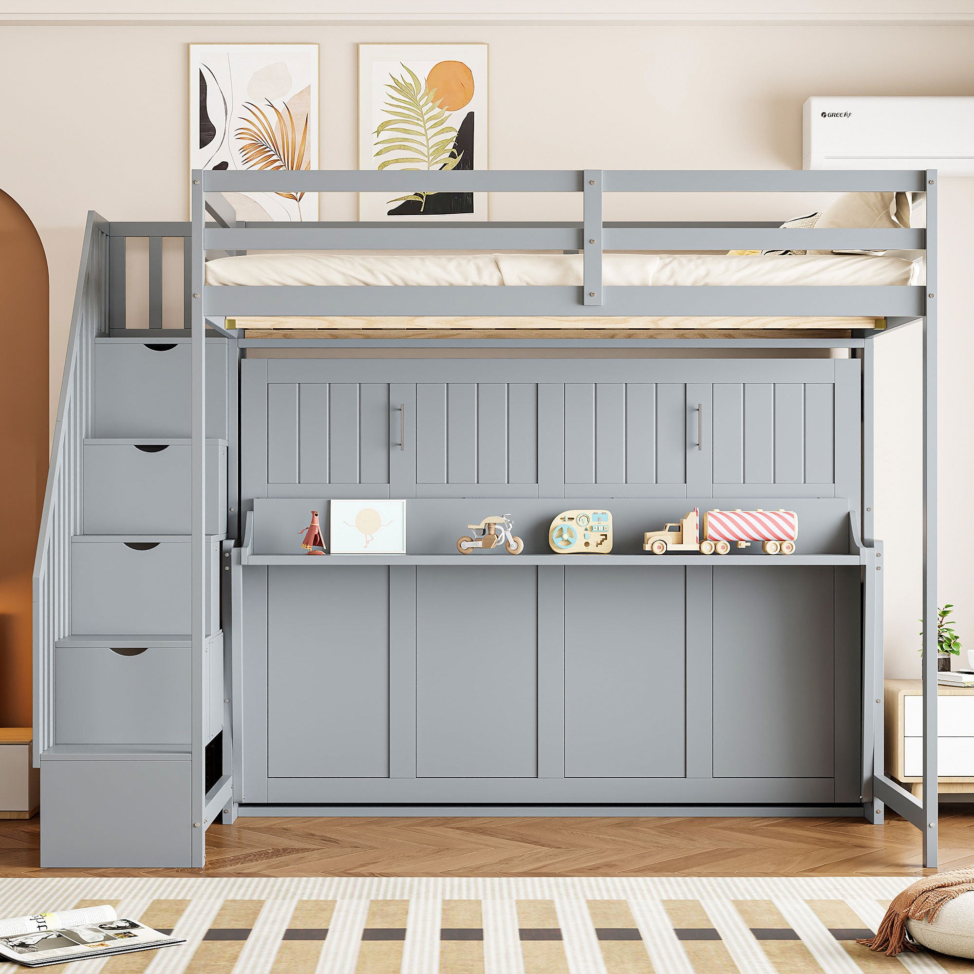 Full Over Full Murphy Bed: Hydraulic Lift & Desk - Gray