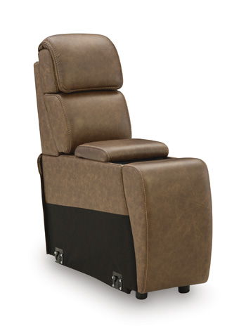 Saddle brown upholstered chair with padded back and storage base panel