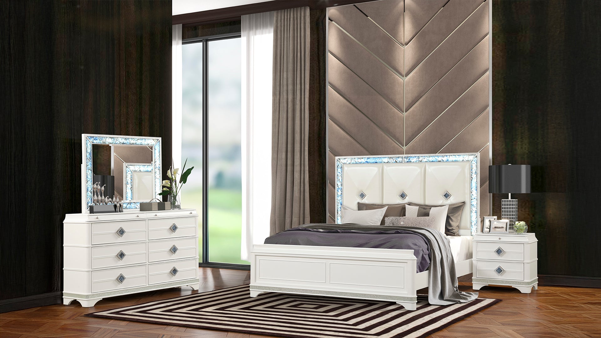 Laguna Modern 4 Pc King Upholstered Bedroom Set - White Wood & Crystal