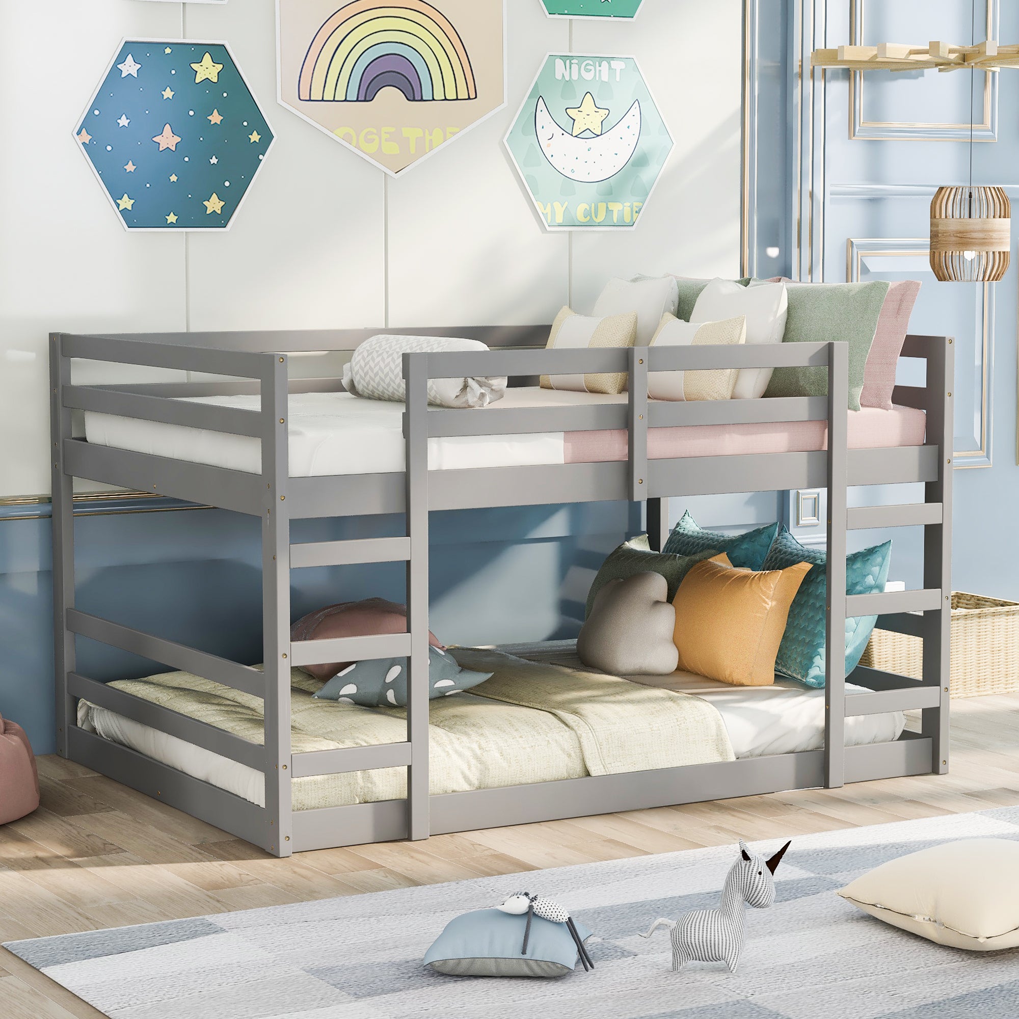 Gray Full Over Full Bunk Bed with Ladder - Space Saving Design
