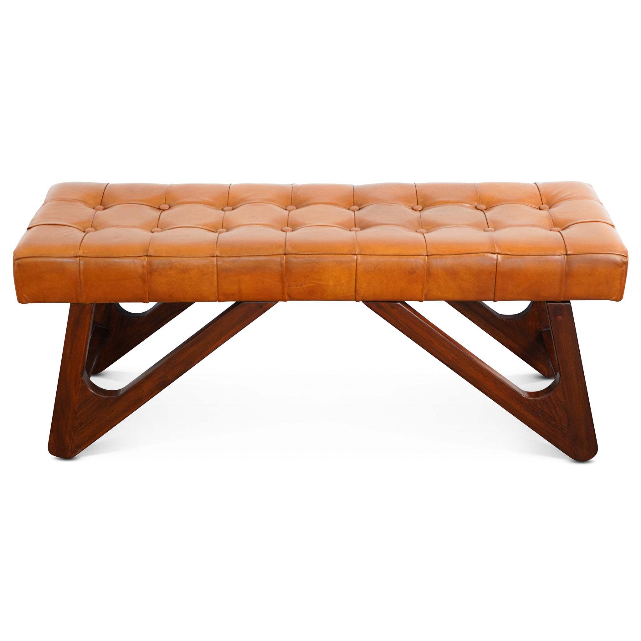 Mia Mid-Century Modern Tan Leather Bench - Solid Wood