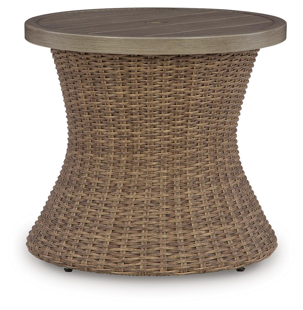 Round woven wicker end table with circular tabletop, beige/brown
