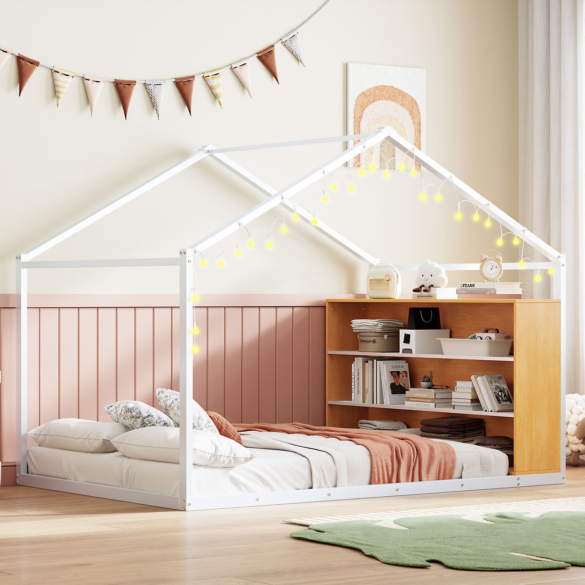 White Full Size Metal House Bed Frame w/Shelves & Lights Storage