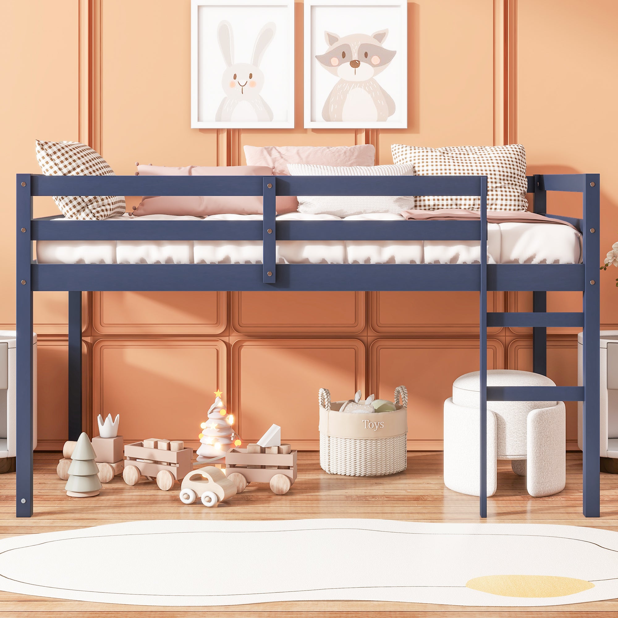Blue Solid Wood Twin Loft Bed with Ladder, Strong Slats
