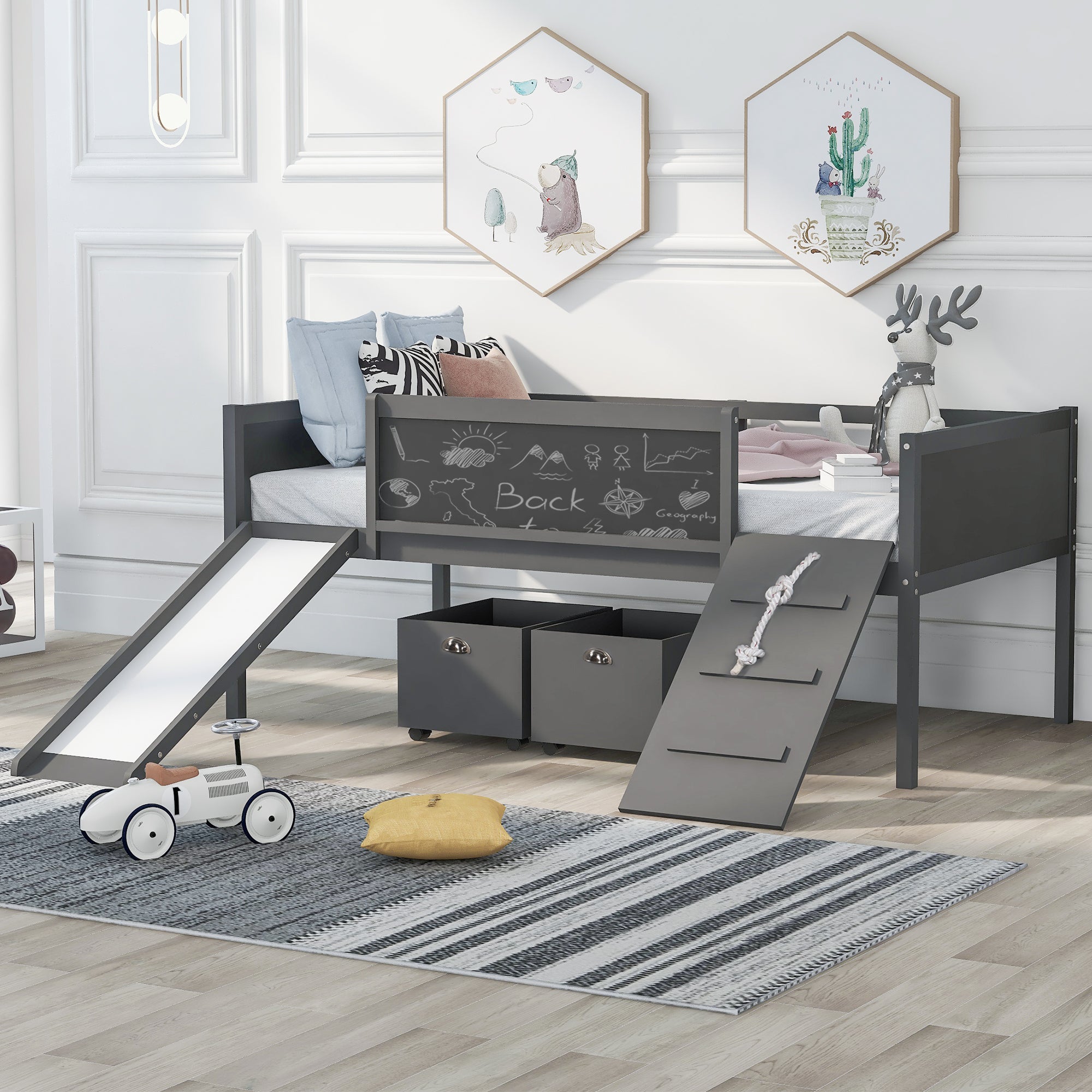 Twin Wood Loft Bed with 2 Storage Boxes - Gray