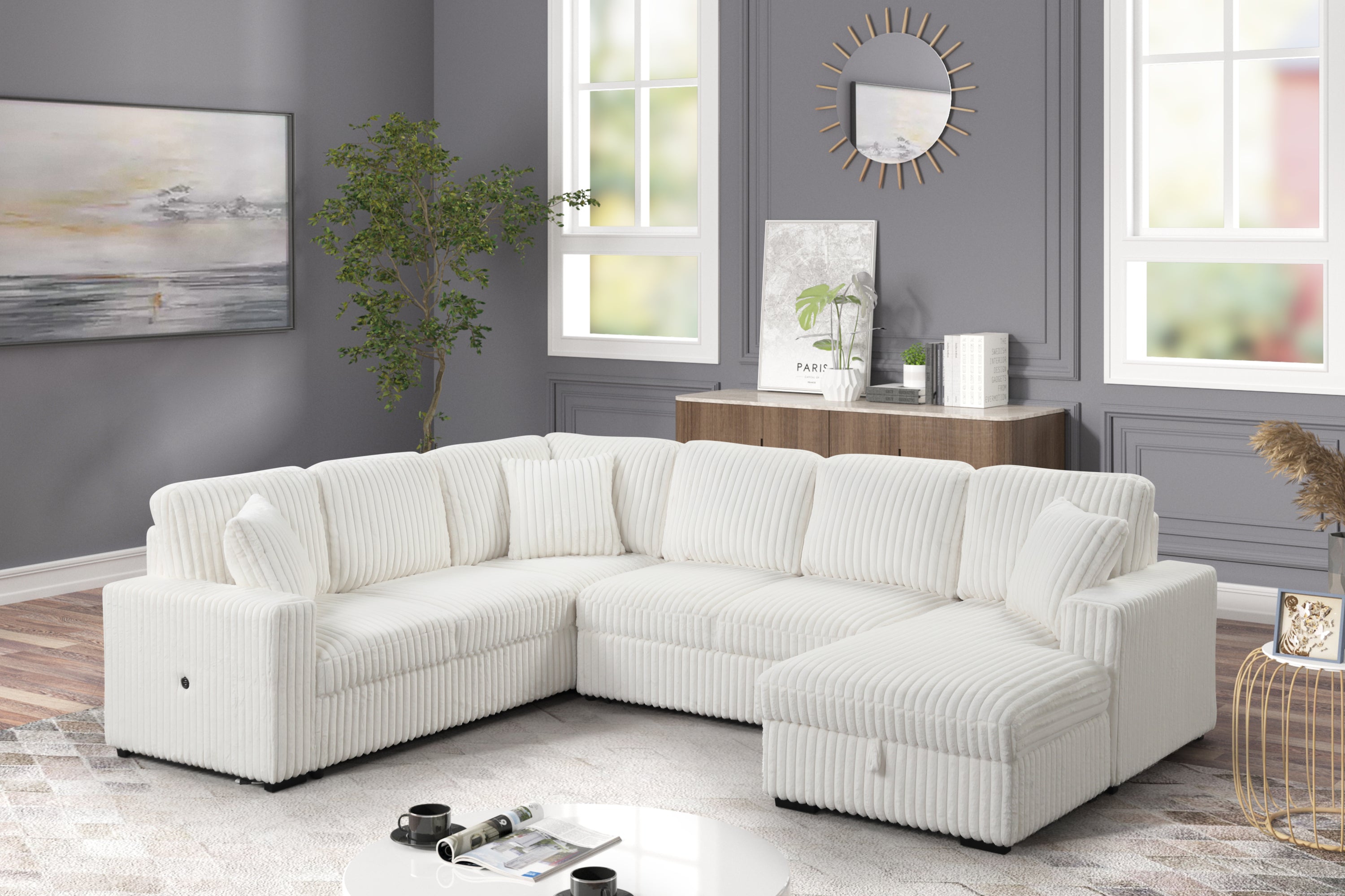 Modern Sectional Sofa Sleeper w/ Storage, USB-C - Cream
