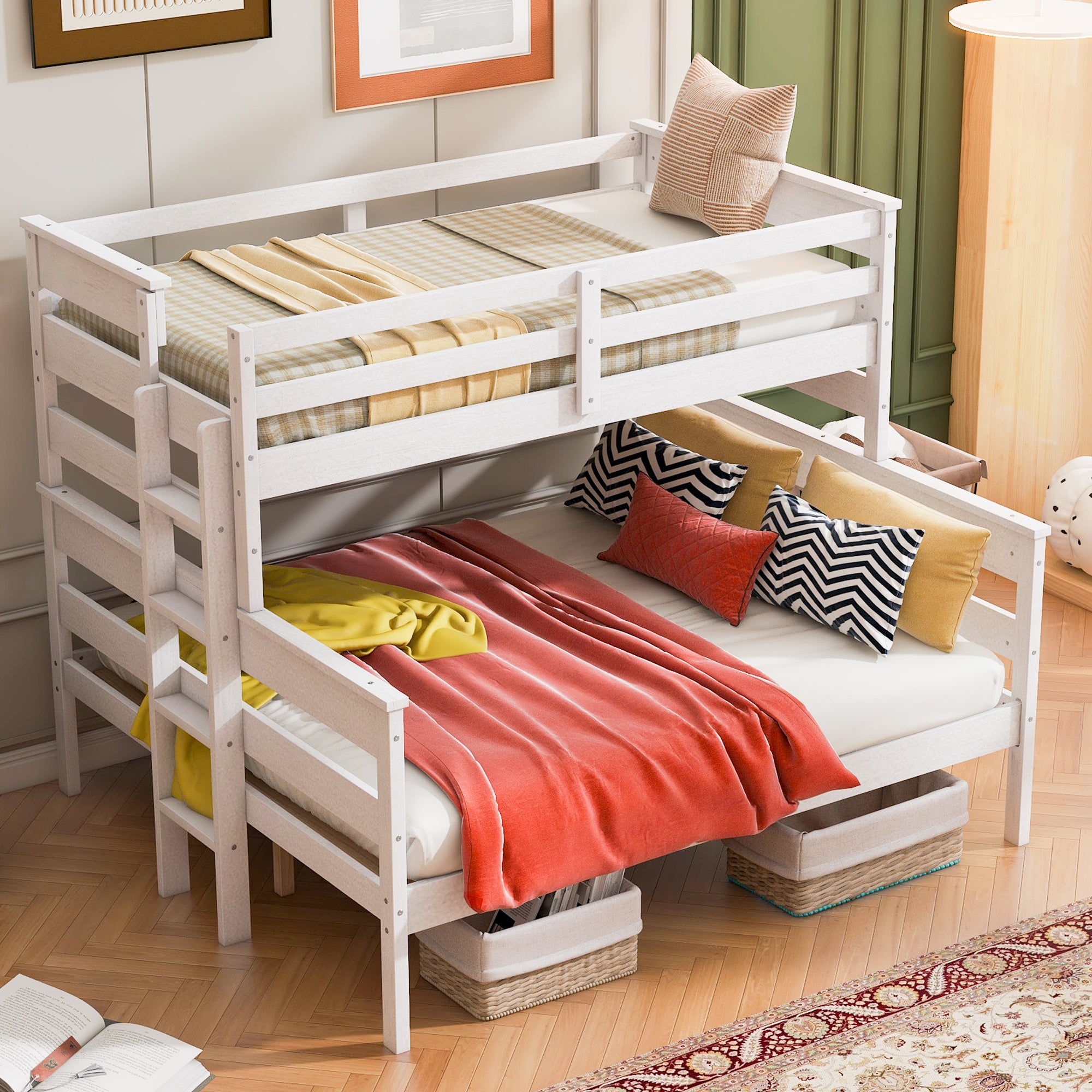 White Wood Twin XL over Queen Bunk Bed with Ladder