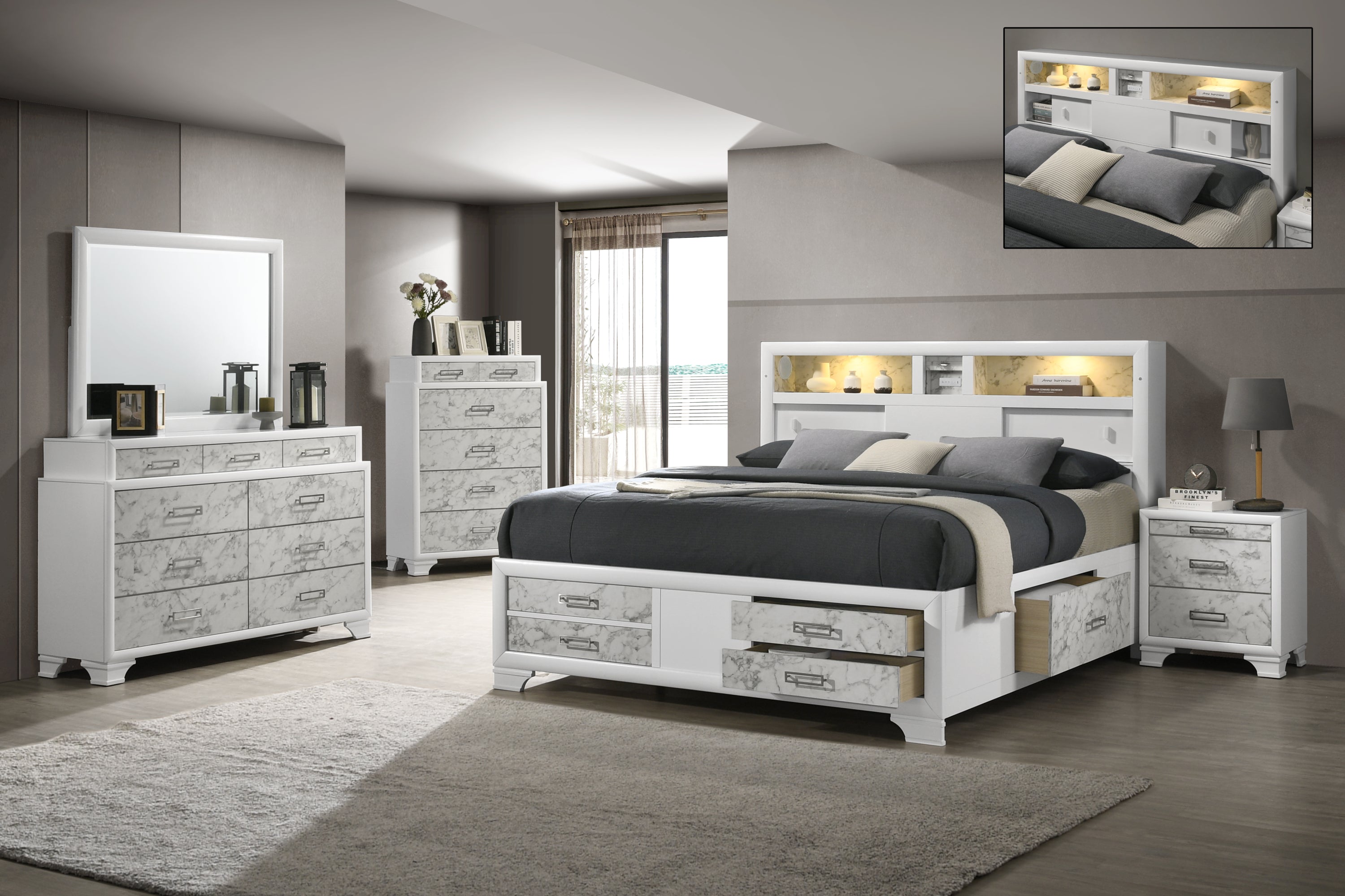 Soul Modern White Wood 5PC Full Bedroom Set with Drawers