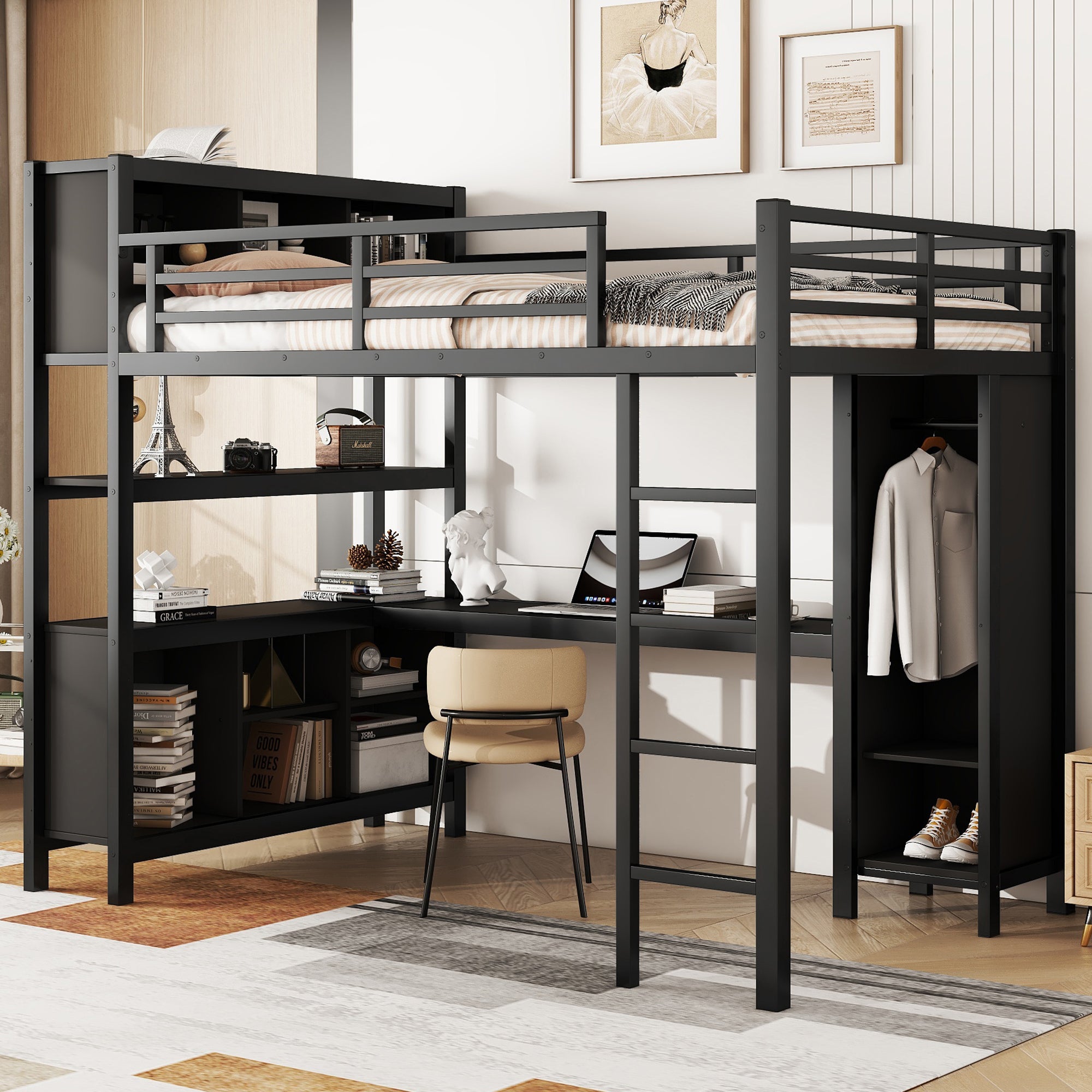 Metal Loft Bed: Storage, Desk & Wardrobe