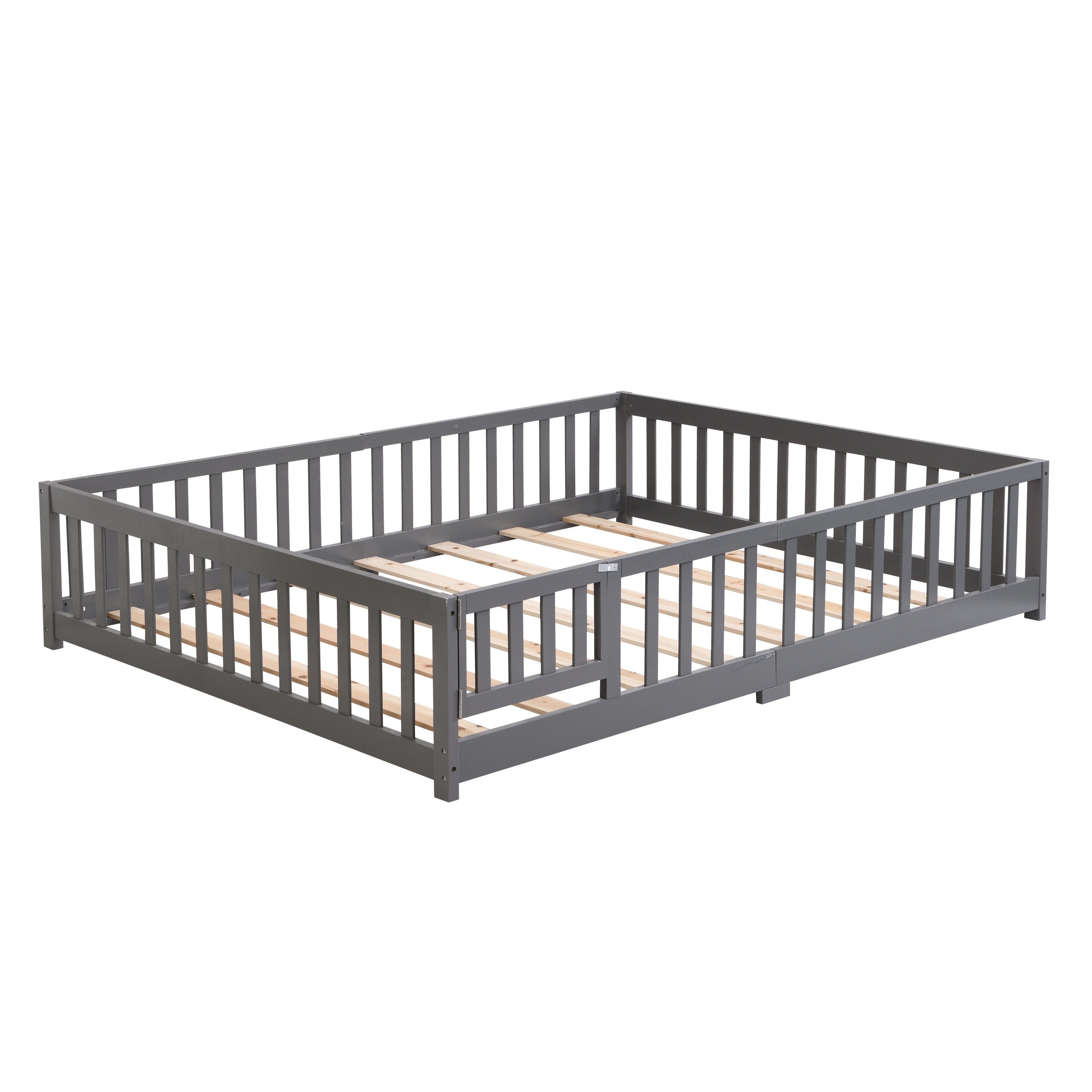Gray Pine Wood Twin Floor Bed with Door & Safety Fence for Kids