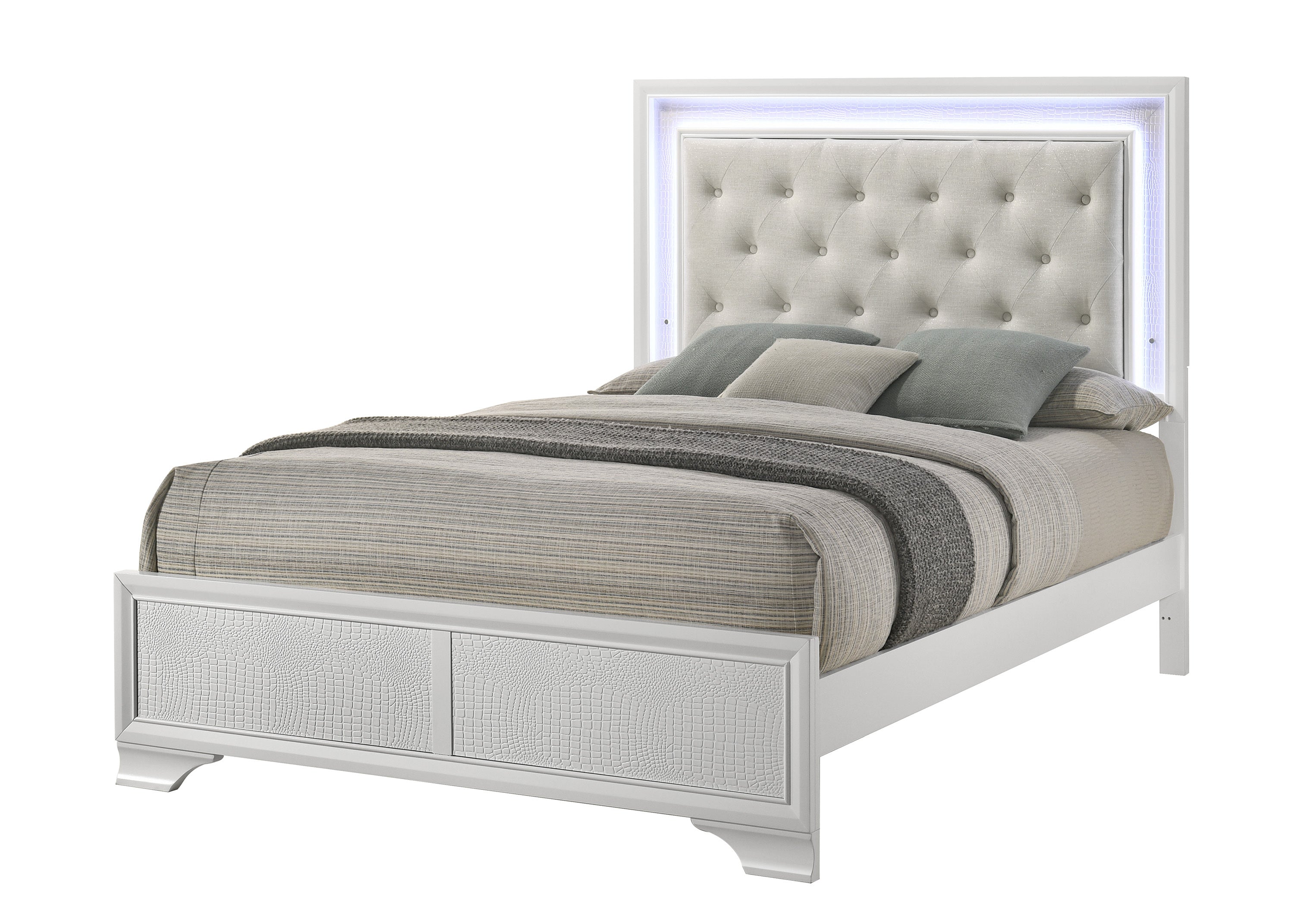 Modern White Tufted Full Size Bed, Upholstered LED Headboard Furniture