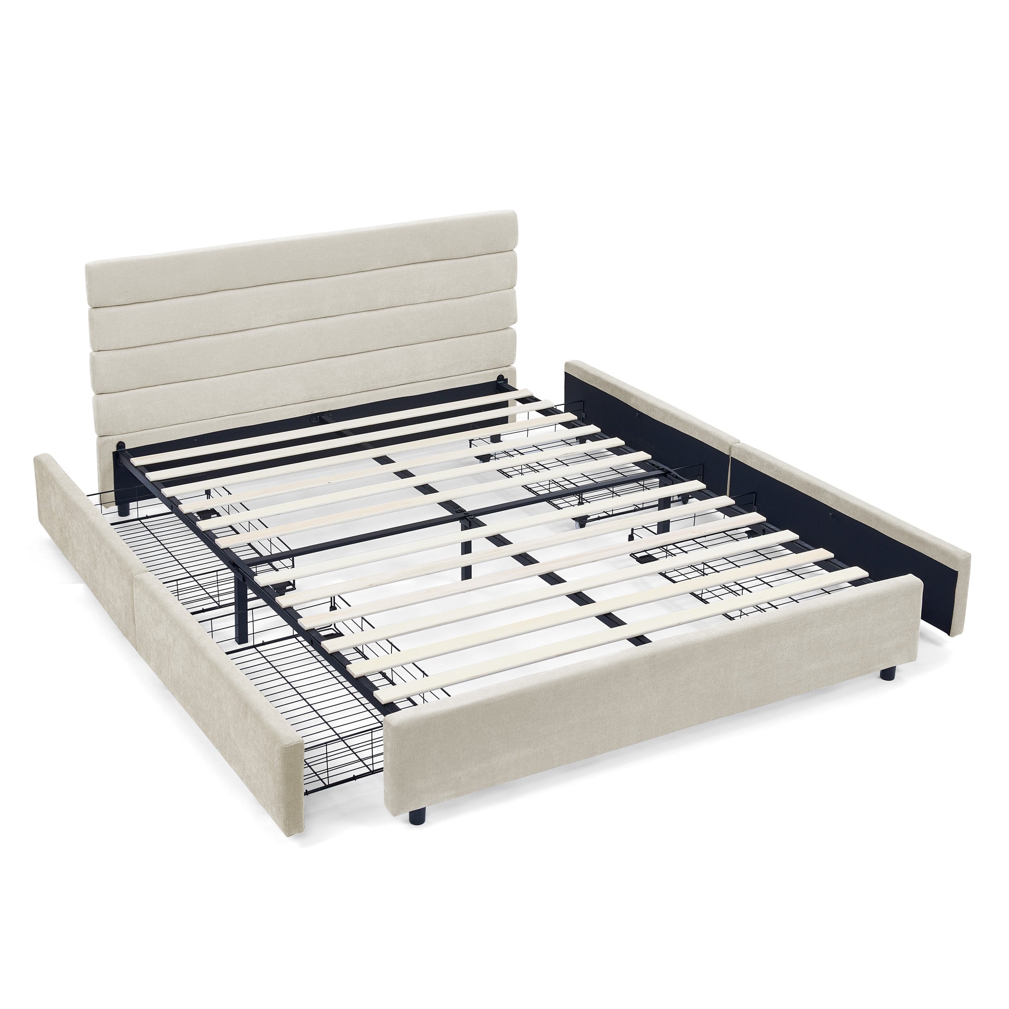 Modern Queen Cushioned Bed Frame with Headboard & Storage - Beige