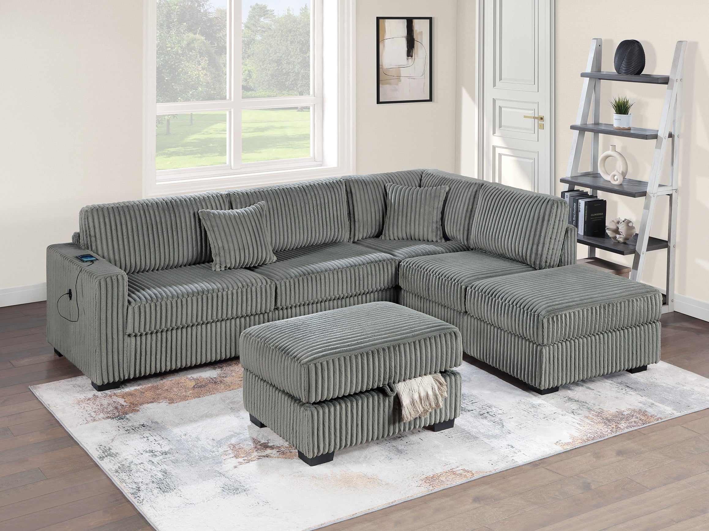 Smoke Corduroy Sectional Sofa w/Reversible Chaise USB Ottoman