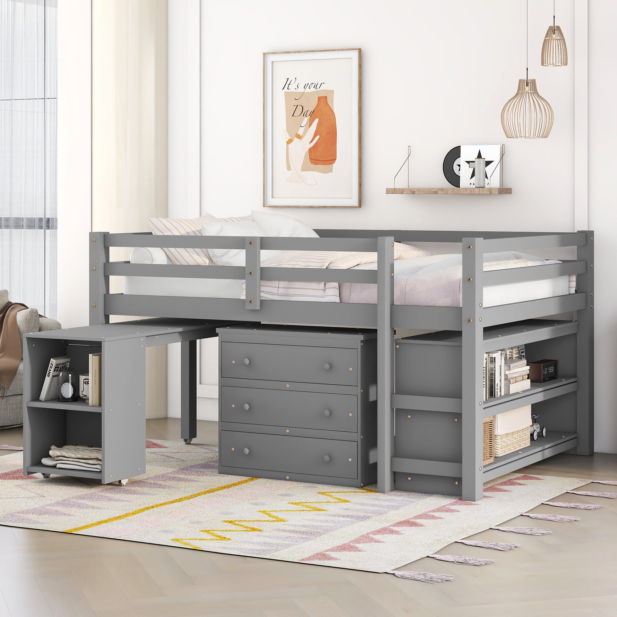 Gray Full Loft Bed: Cabinet, Shelves & Rolling Study Desk
