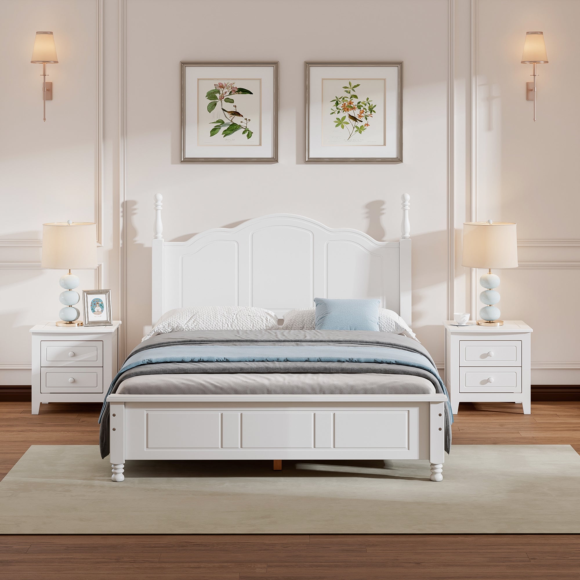 White Full Size 3-Piece Wood Platform Bedroom Set | Bed & Nightstands