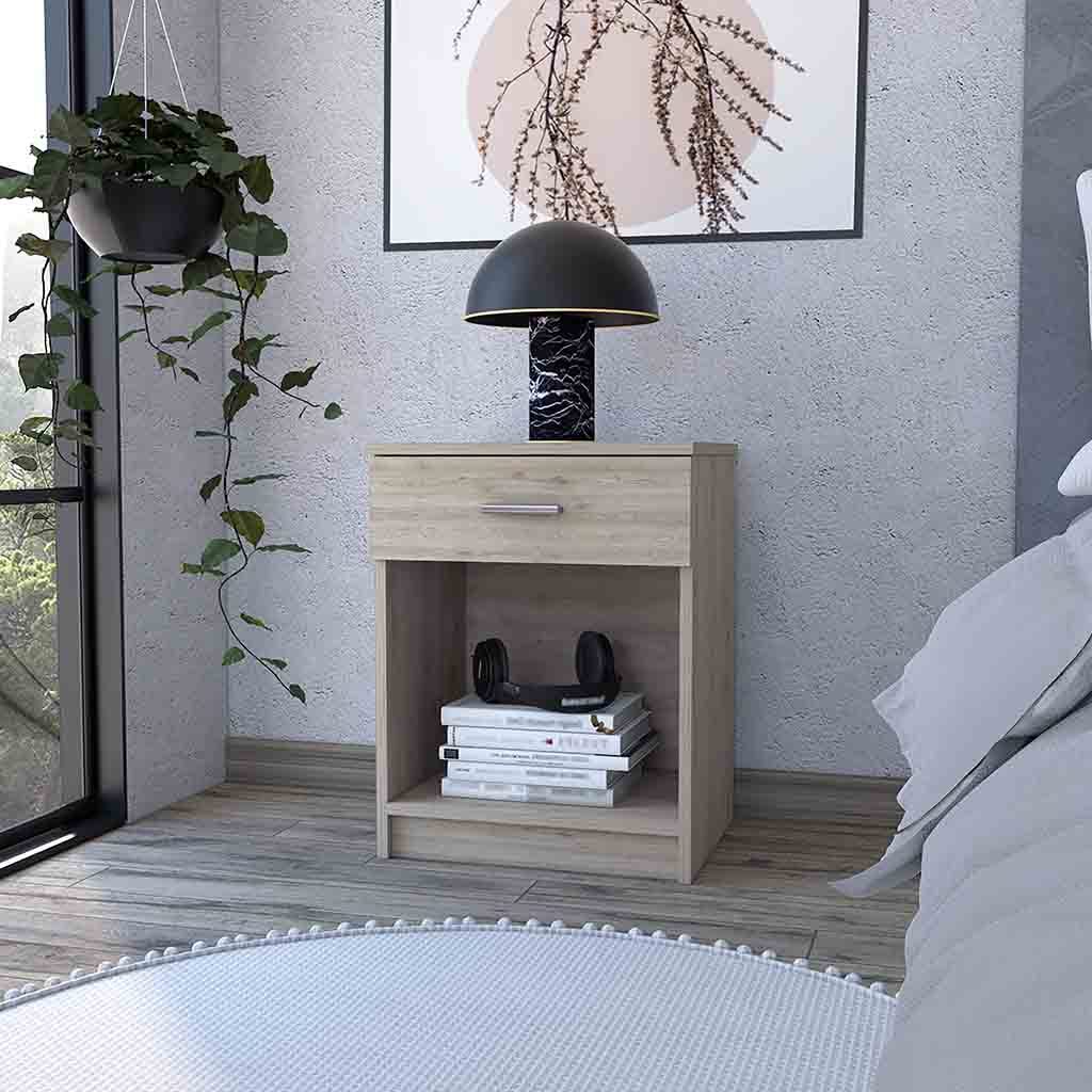 Light Gray Nightstand: Single Drawer, Lower Storage Shelf