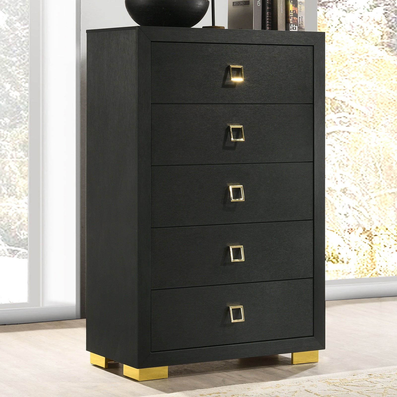 Modern Black Bedroom Chest: Gold Handles, Metal Legs