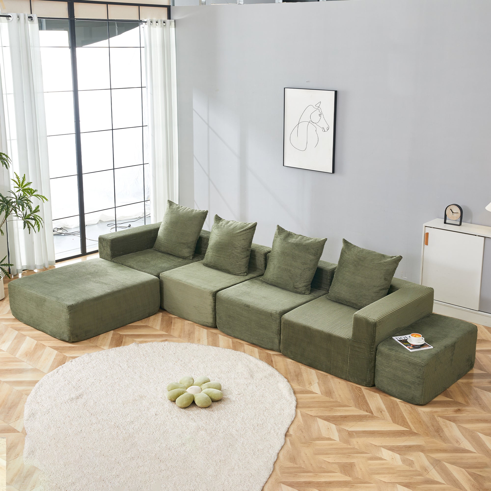 Green Corduroy 117" Modular Cloud Sectional