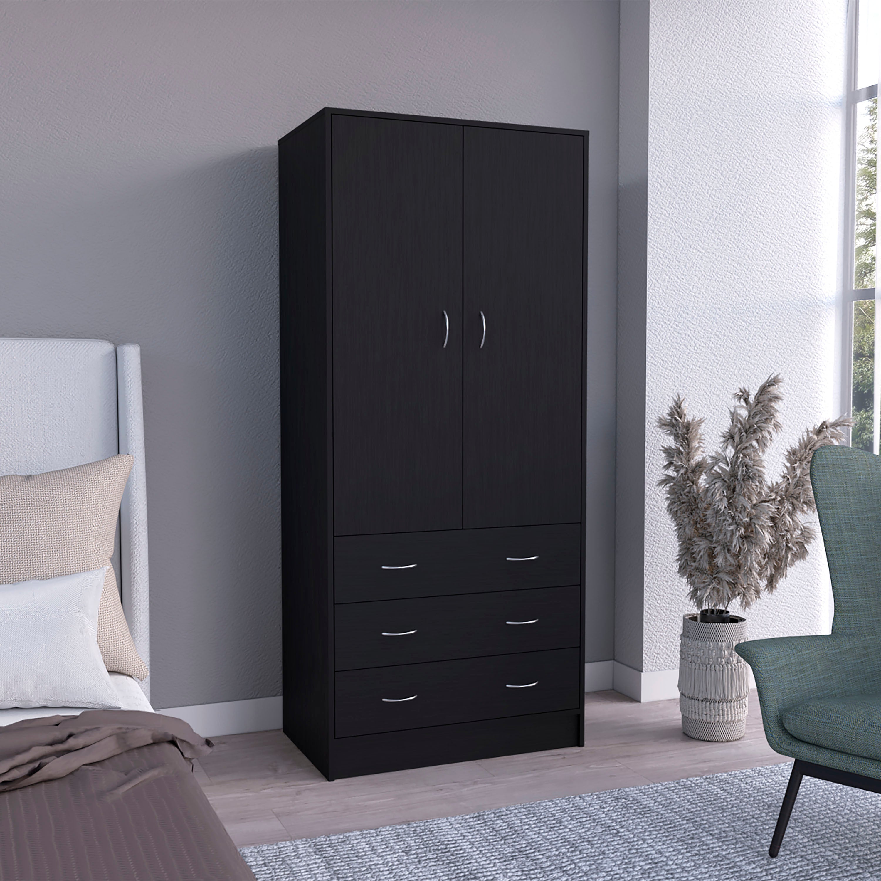 Taly Black Armoire | Double Doors, 3 Drawers, Hanging Rod