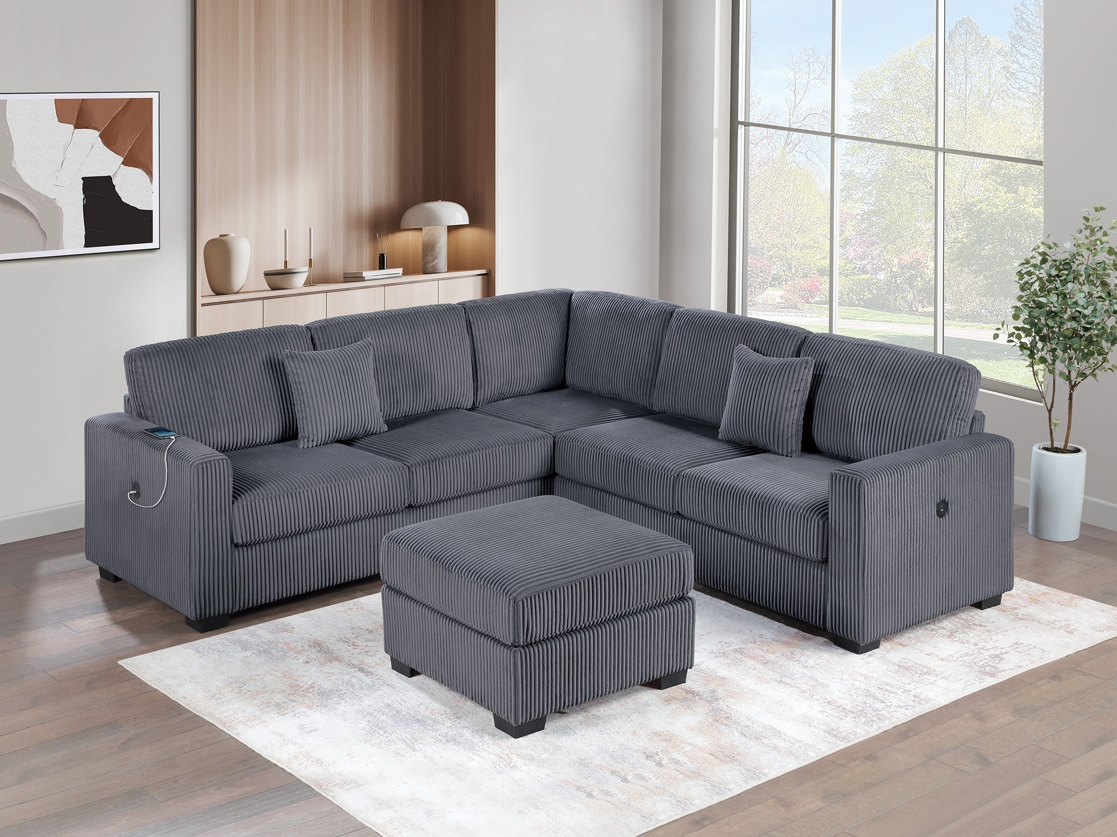 Dark Gray Corduroy 4pc Sectional Sofa w/USB & Ottoman