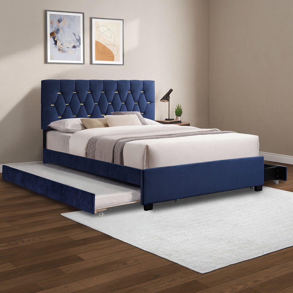 Modern Blue Velvet Queen Platform Bed, Twin Trundle, 2 Storage Drawers